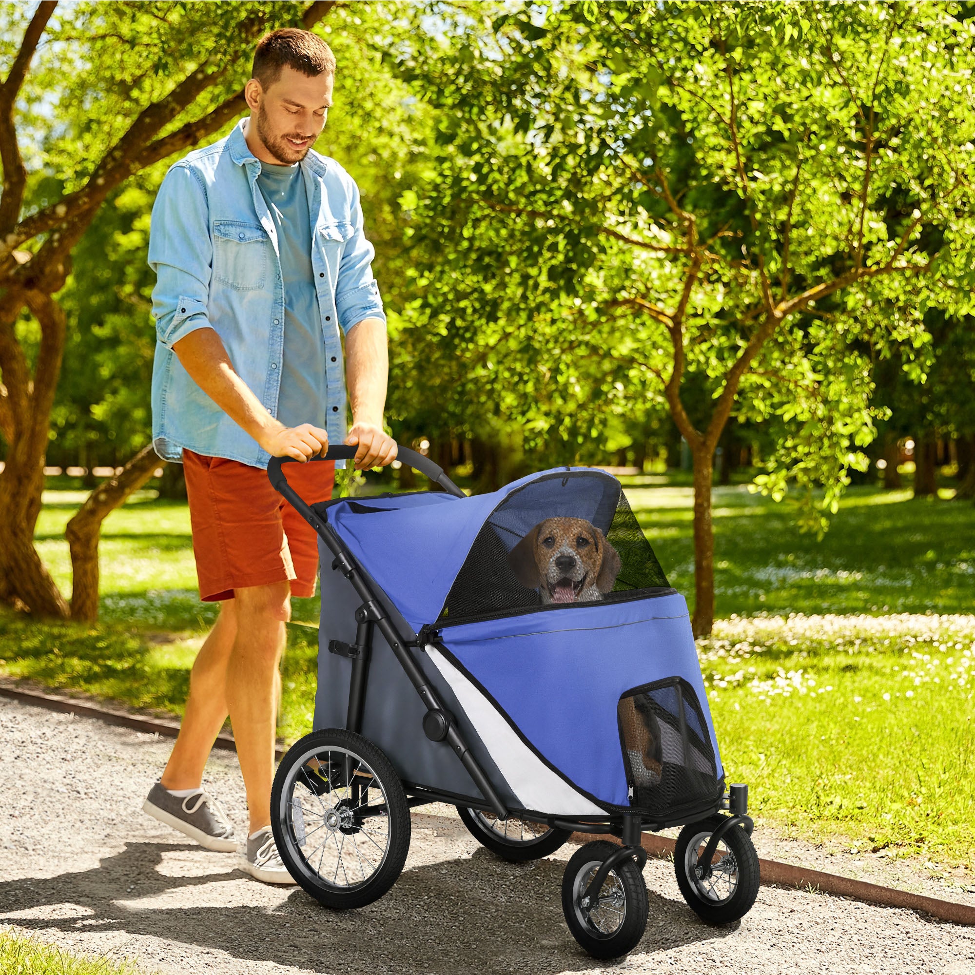 PawHut Foldable Pet Stroller, with Washable Cushion, Storage Bags, Safety Leash, for Medium, Large Dogs, Catts, Travel - Blue - North Peak Garden Furniture