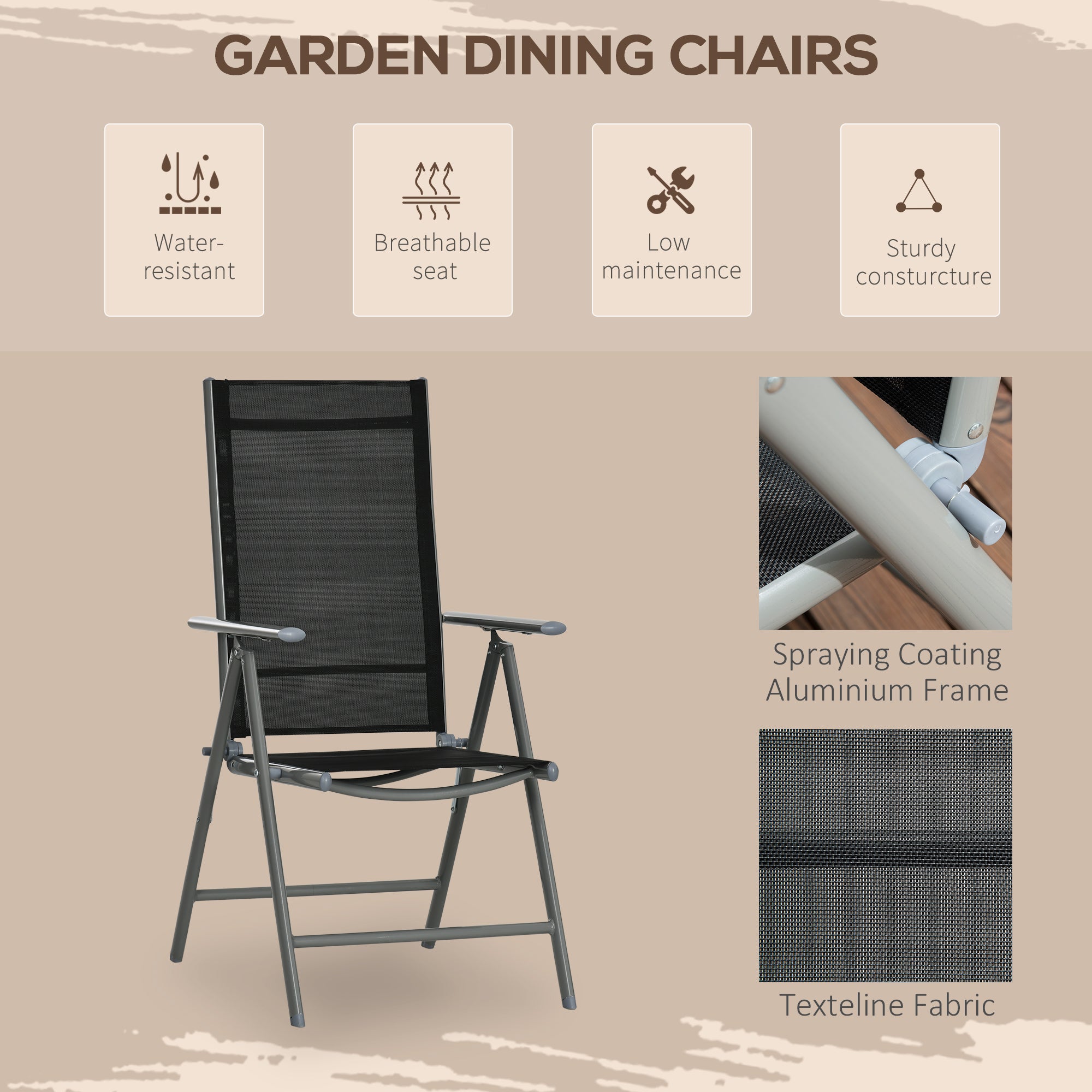 Outsunny 7 Piece Garden Dining Set, Outdoor Table and 6 Folding and Reclining Chairs, Aluminium Frame, Tempered Glass Top Table, Texteline Seats, Black - North Peak Garden Furniture