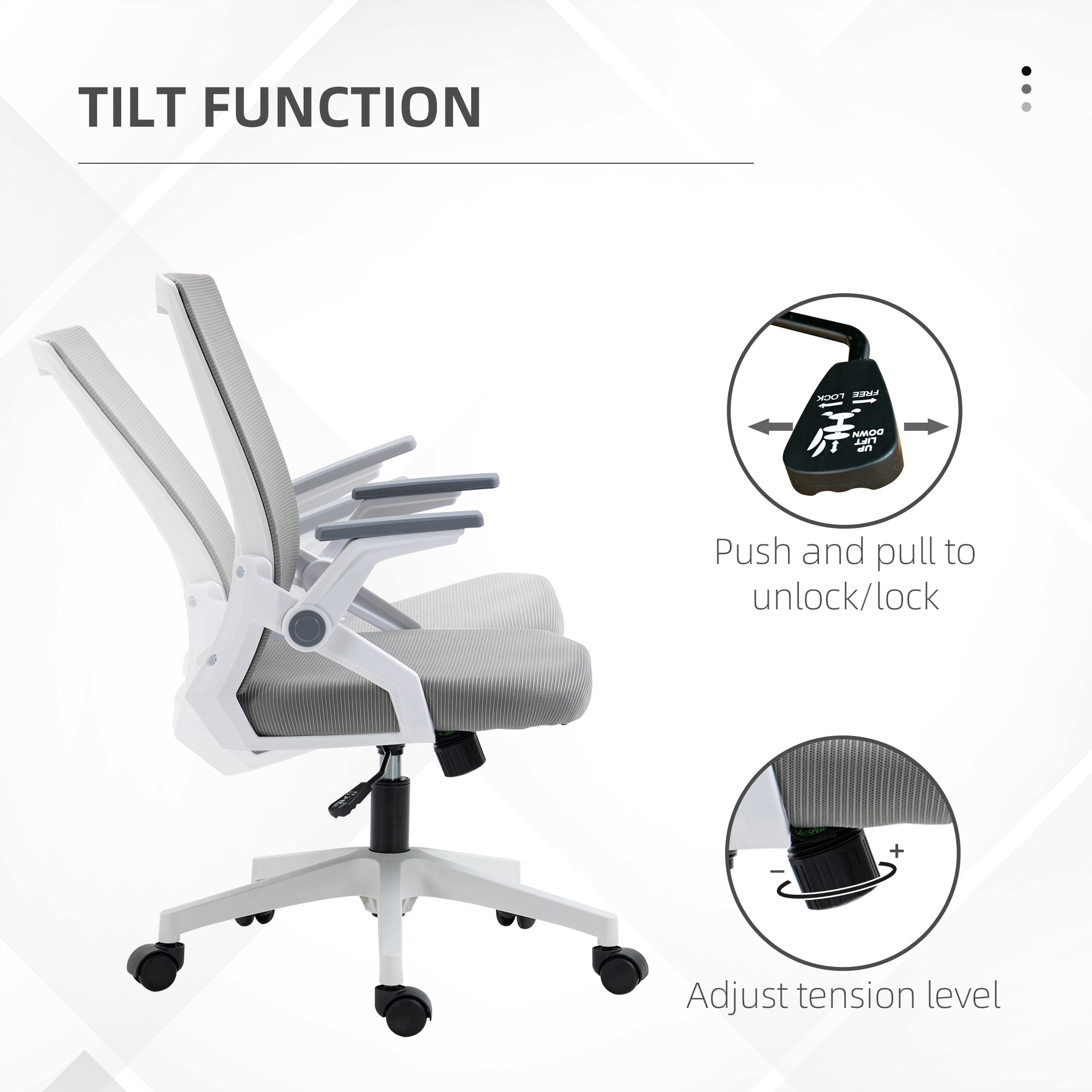 Vinsetto Mesh Office Chair, Desk Chair with Lumbar Support, Flip-up Armrest, Swivel Wheels, Adjustable Height, Grey - North Peak Garden Furniture