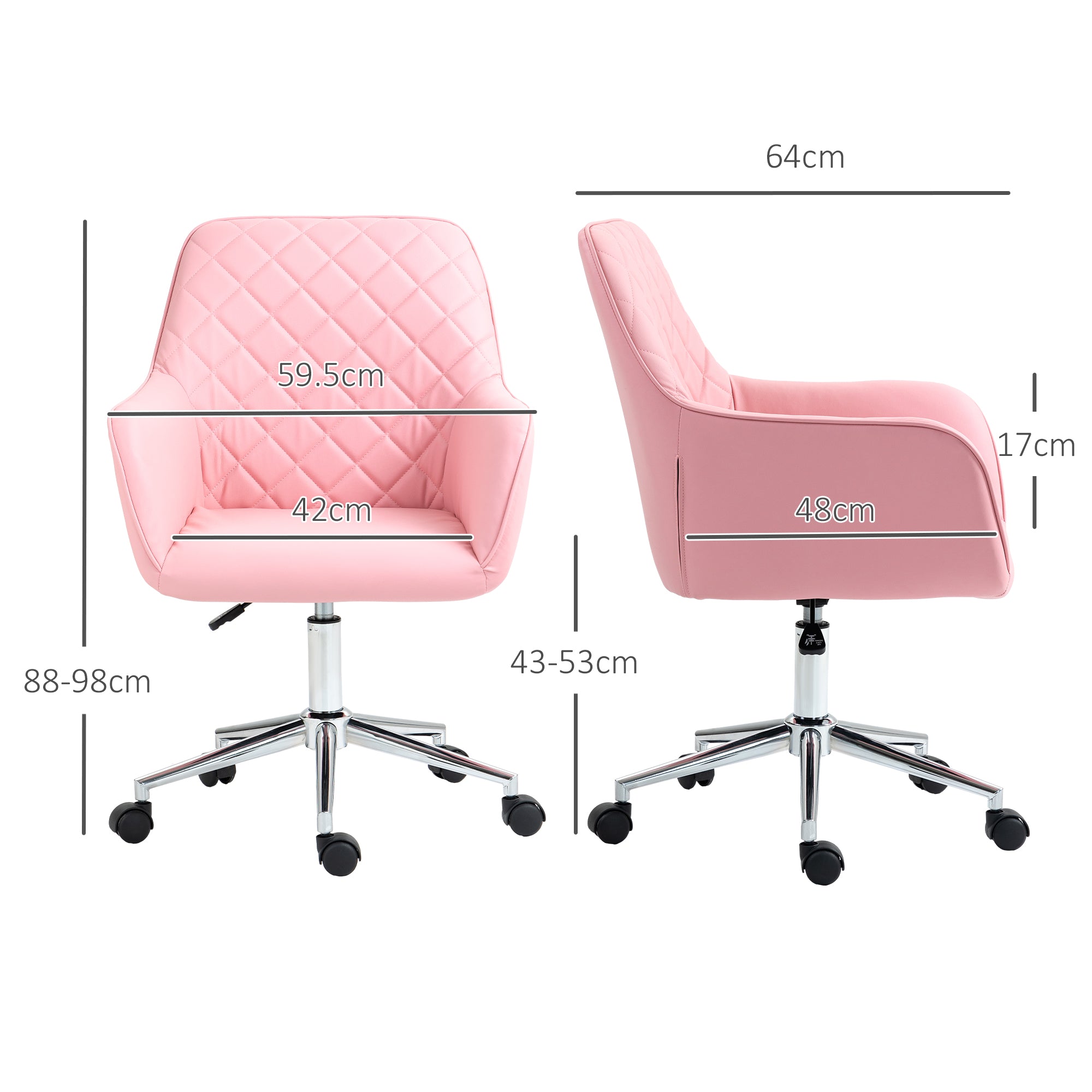 Vinsetto Office Desk Chair, Leather-Feel Fabric Computer Swivel Chair with Rolling Wheels and Adjustable Height for Home, Pink - North Peak Garden Furniture