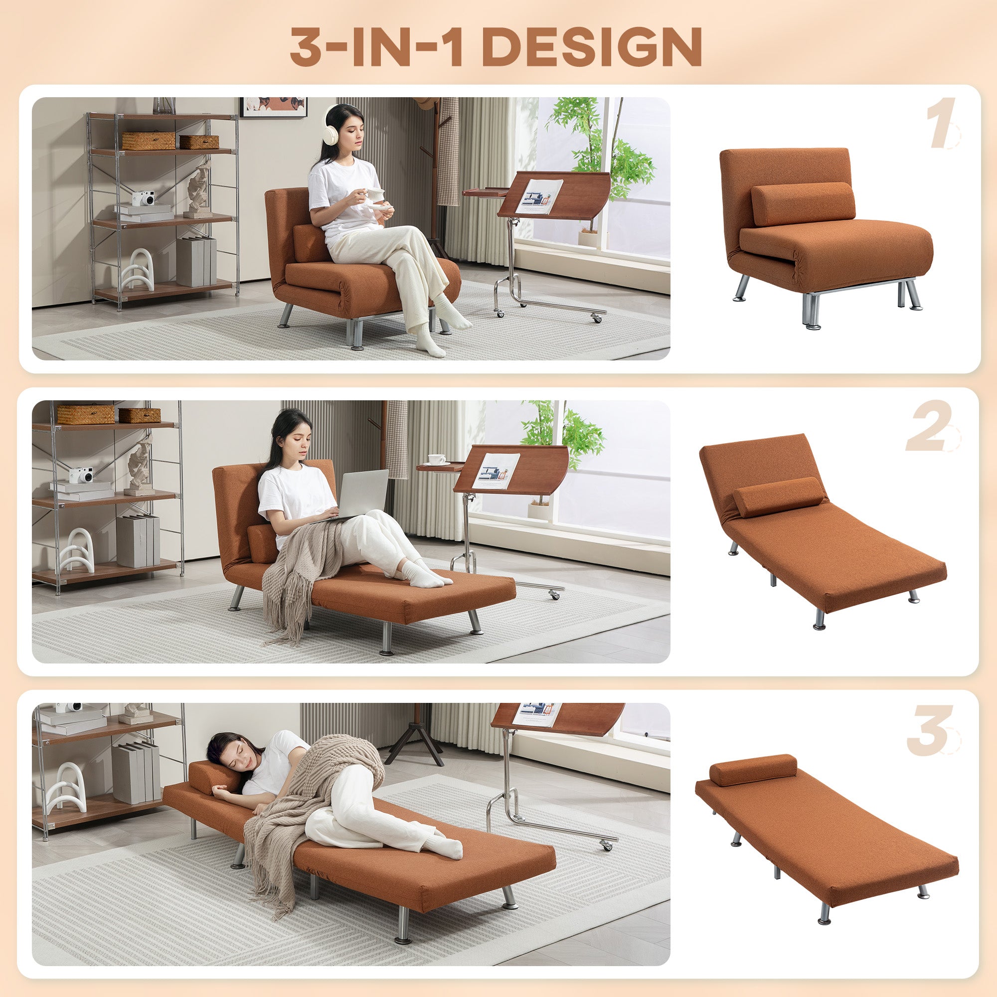HOMCOM Single Linen-Feel Sleeper Chair - Coffee - North Peak Garden Furniture