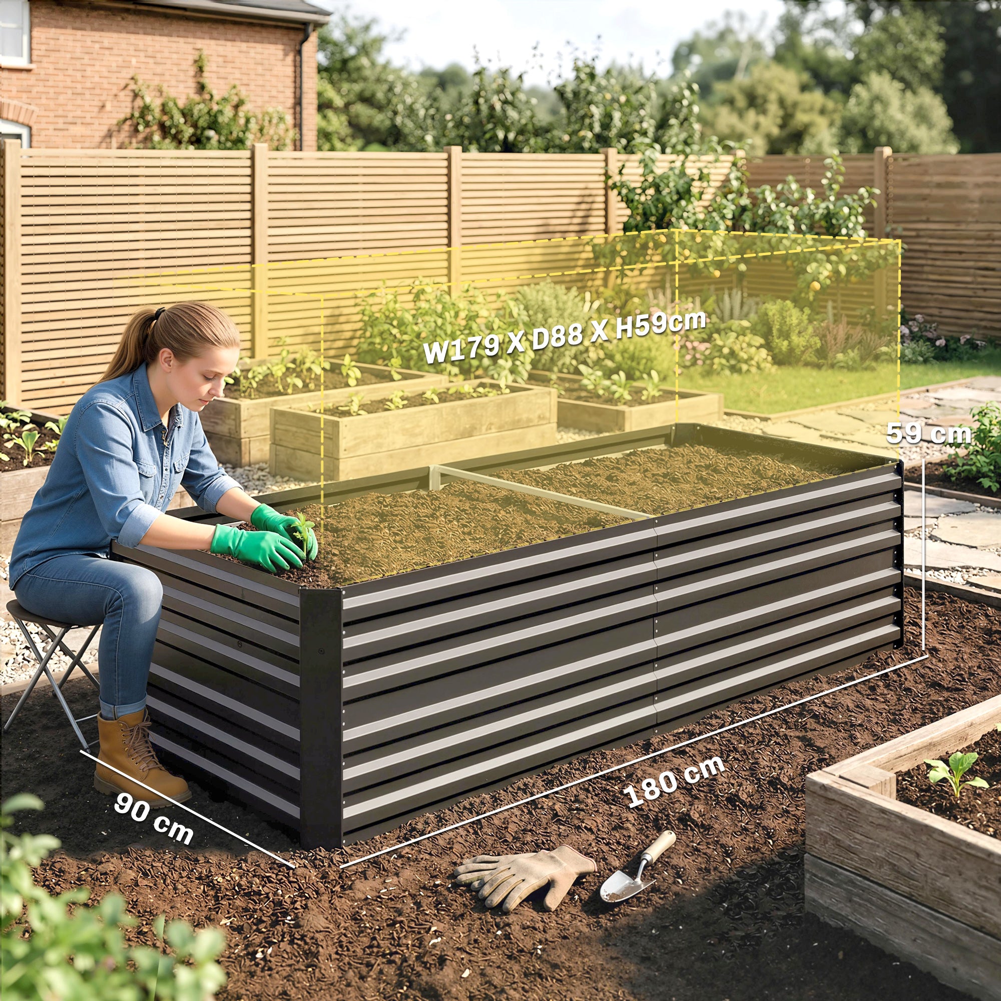 Outsunny Raised Beds for Garden, Galvanised Steel Outdoor Planters with Multi-reinforced Rods, 180 x 90 x 59 cm, Dark Grey