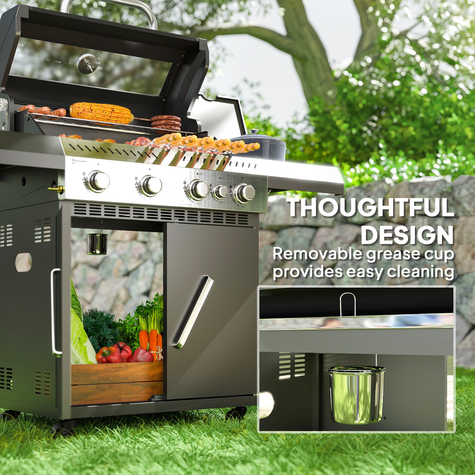 Outsunny 4+1 Burner Gas BBQ Grill with Clear View Lid, Portable Gas Barbecue Grill with Built-in Thermometer, Side Table, Cabinet, Wheels, Grease Tray for Garden Party Outdoor Cooking, Black - North Peak Garden Furniture