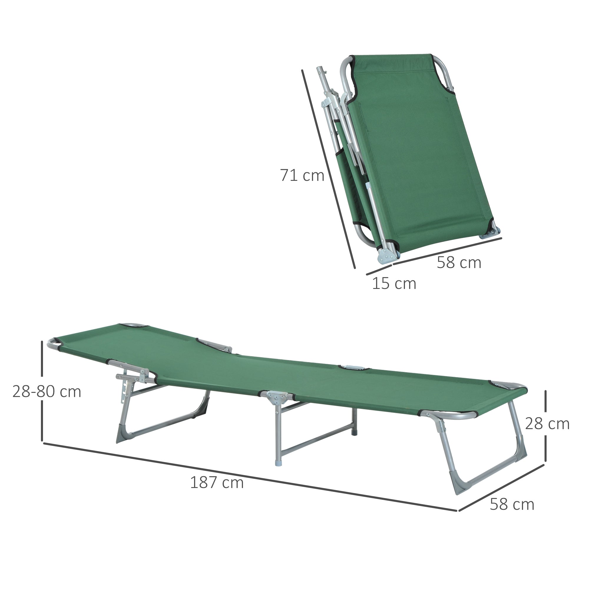 Outsunny Reclining Sun Lounger Chair Folding Camping Bed with 4-Position Adjustable Backrest, for Travel Indoor Outdoor Office Fishing, Green - North Peak Garden Furniture