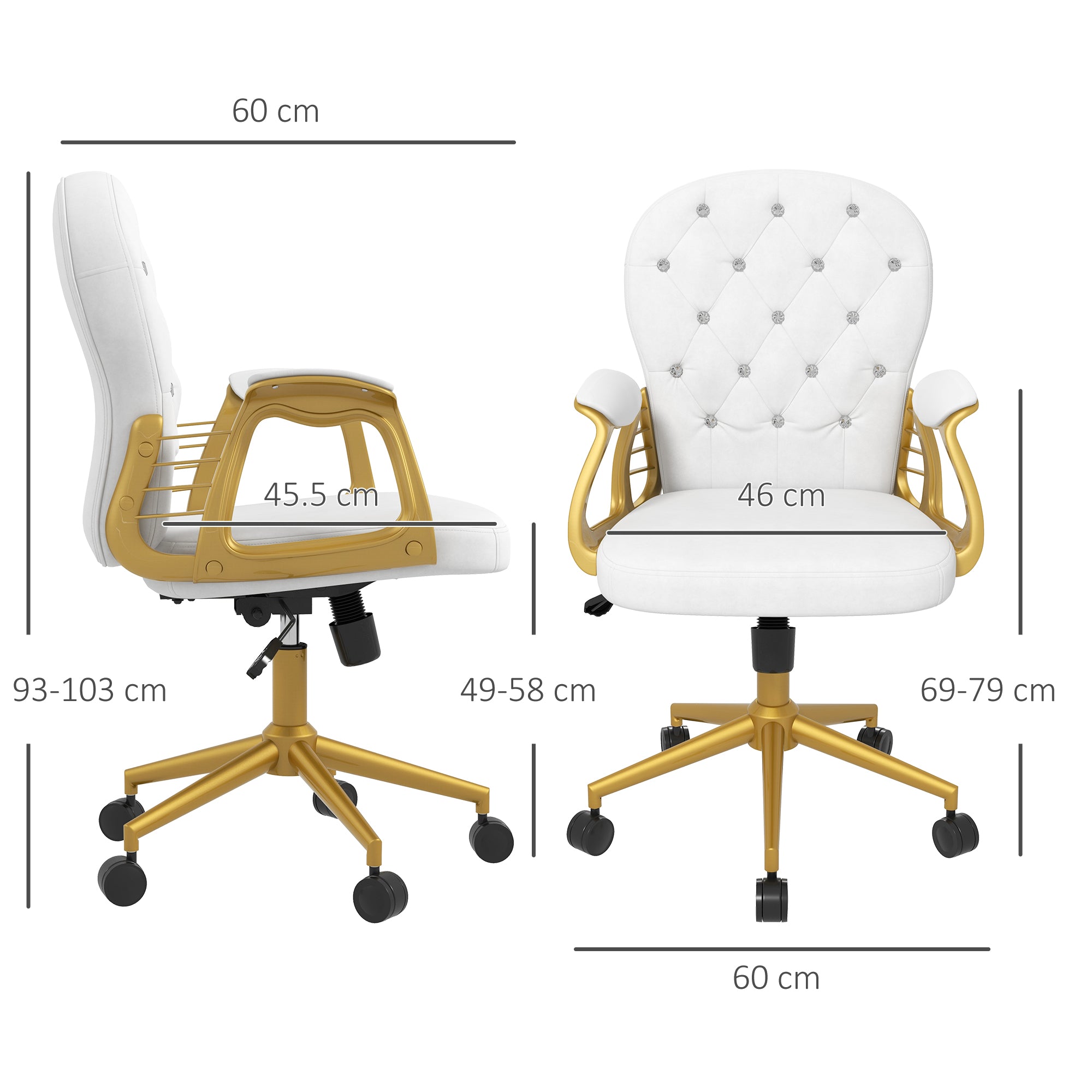 Vinsetto Height Adjustable Home Office Chair, Button Tufted Computer Chair with Padded Armrests and Tilt Function, Cream White - North Peak Garden Furniture