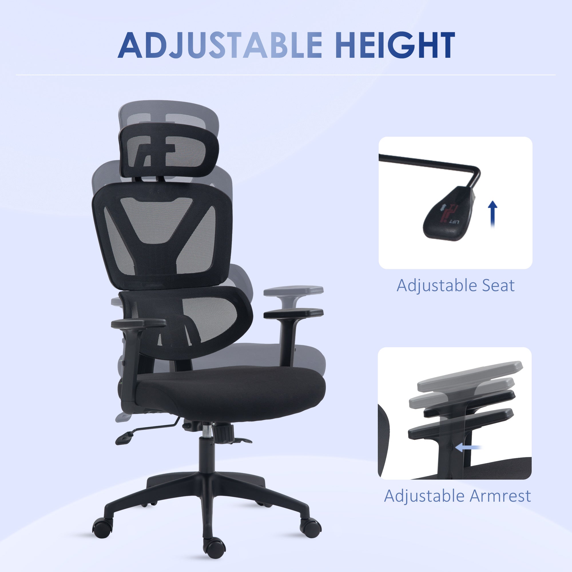 Vinsetto Mesh Office Chair, Height Adjustable Desk Chair with Lumbar Support, Swivel Wheels and Adjustable Headrest, Black - North Peak Garden Furniture
