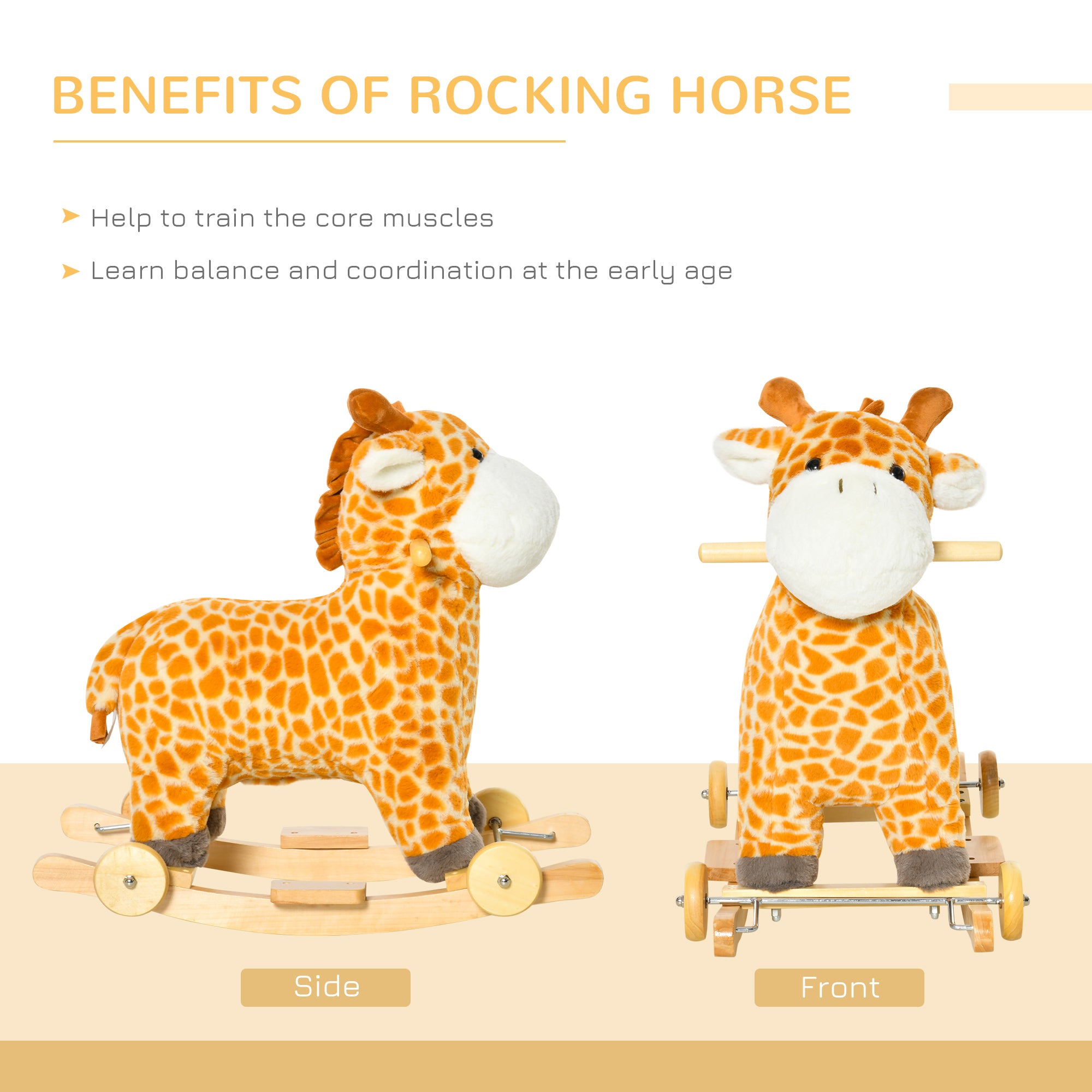 HOMCOM 2 In 1 Kids Todder Rocking Horse Plush Ride On Giraffe Rocker with Wheels Wooden Base Animal Sounds for 3-6 Years - North Peak Garden Furniture