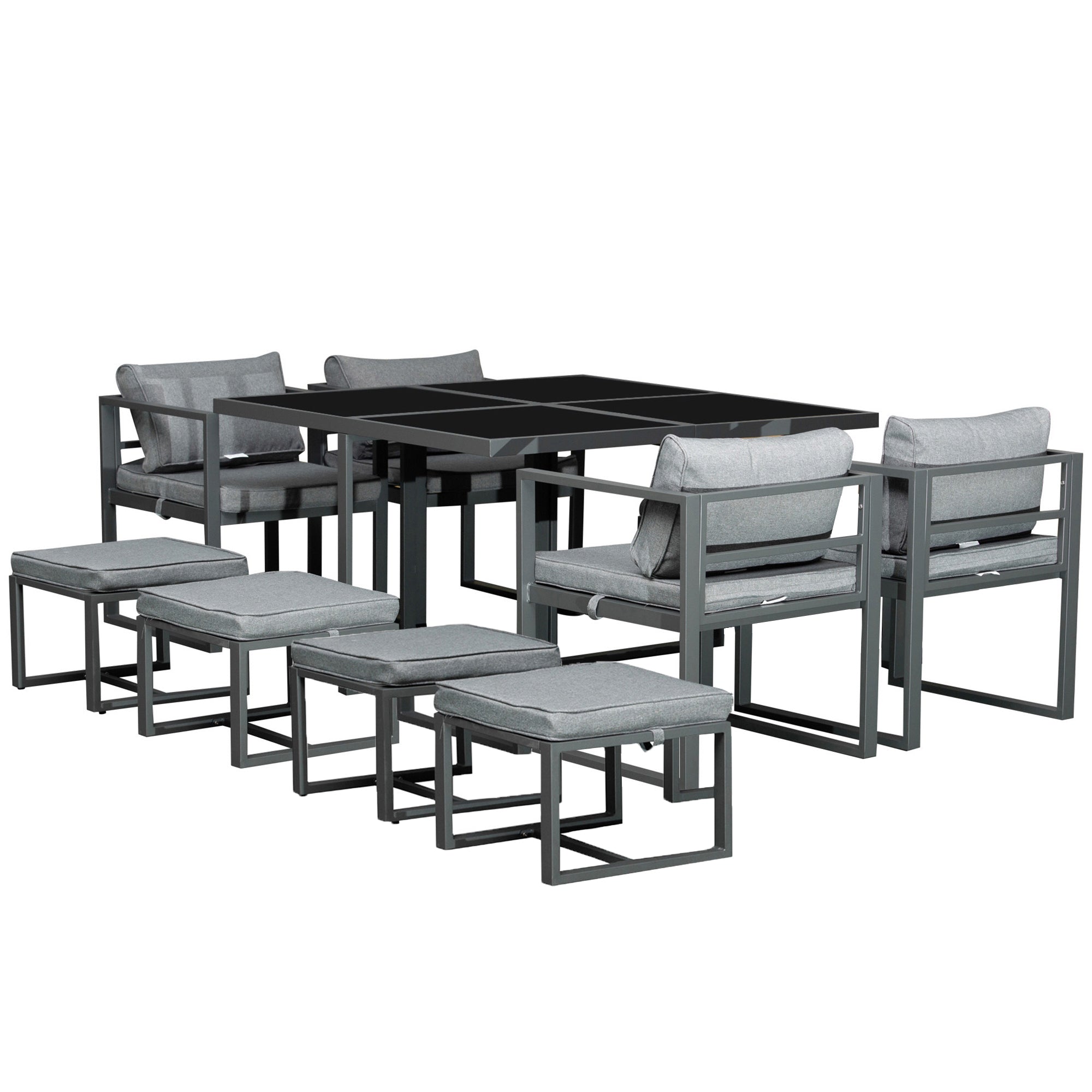 Outsunny 9PCs Patio Aluminium Dining Set, Space Saving Cube Set with 4 Chairs, 4 Ottoman, Cushions, 8 Seater Garden Furniture - North Peak Garden Furniture