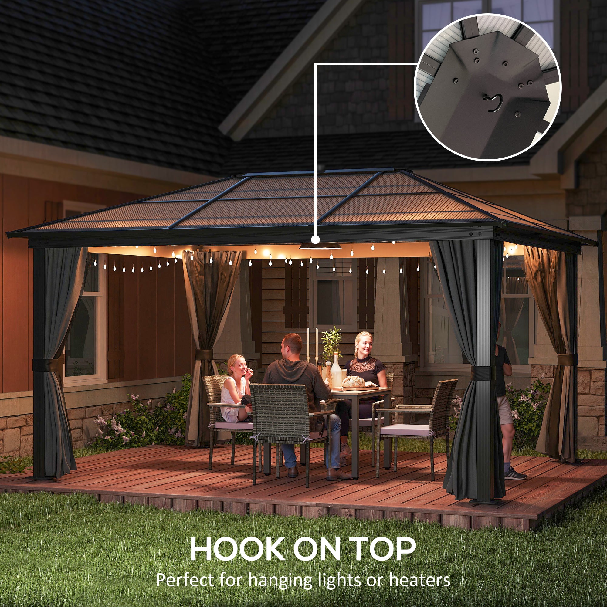 Outsunny 3.6 x 4m Hardtop Gazebo Canopy with Polycarbonate Roof, Aluminium Frame, Permanent Pavilion Garden Gazebo with Netting and Curtains for Patio, Deck, Dark Grey