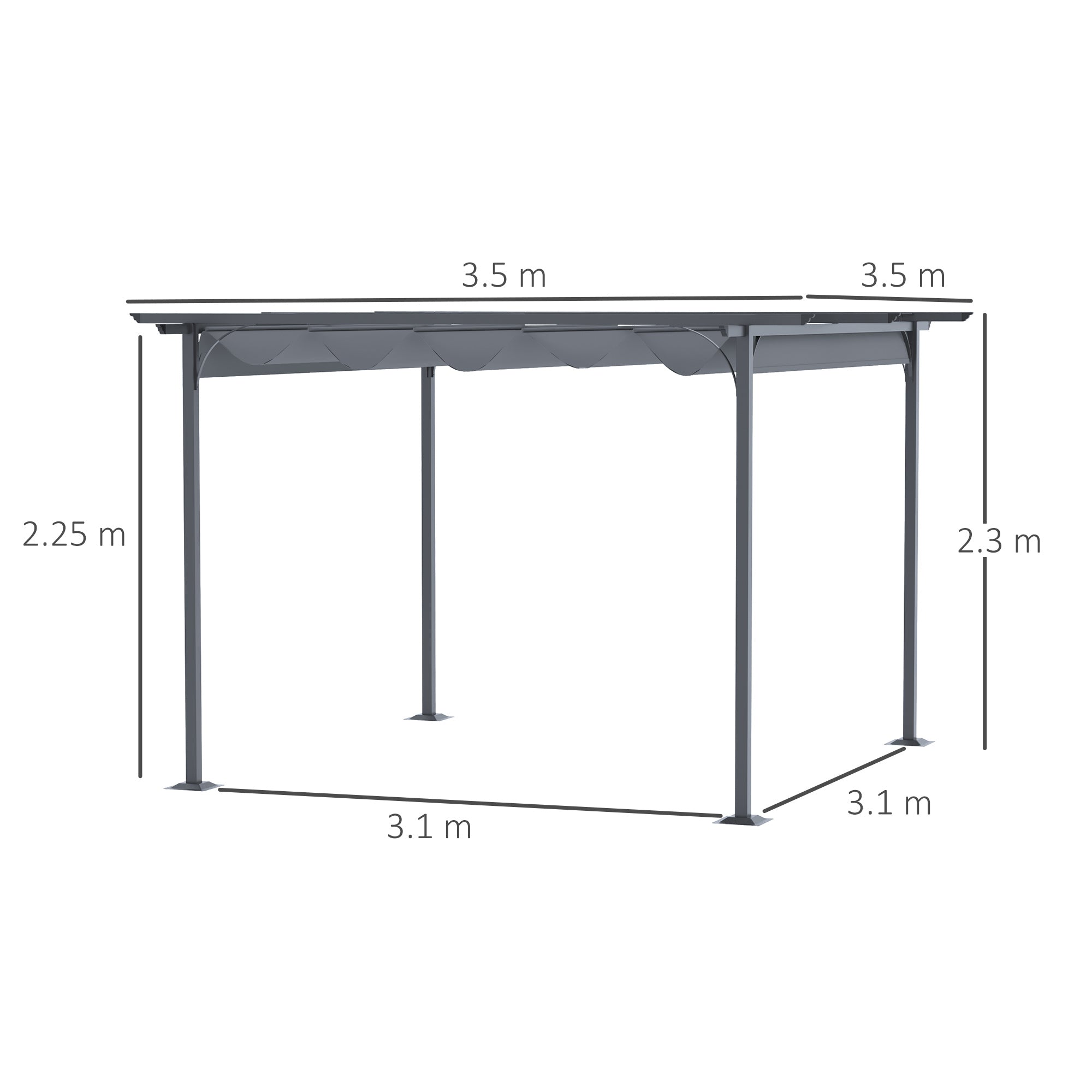 Outsunny 3.5M X 3.5M Metal Pergola Gazebo Awning Retractable Canopy Outdoor Garden Sun Shade Shelter Marquee Party BBQ, Grey - North Peak Garden Furniture