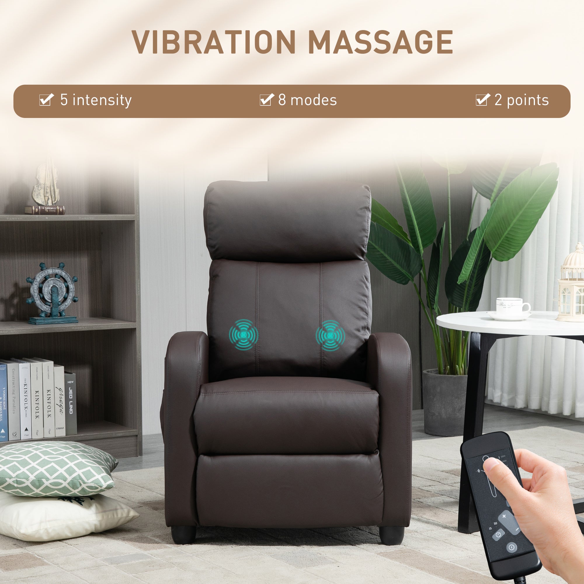 HOMCOM Recliner Armchair, Massage Faux Leather Push Back Reclining Chair with Adjustable Leg Rest, Side Pocket, for Home Living Room Theatre, Brown - North Peak Garden Furniture