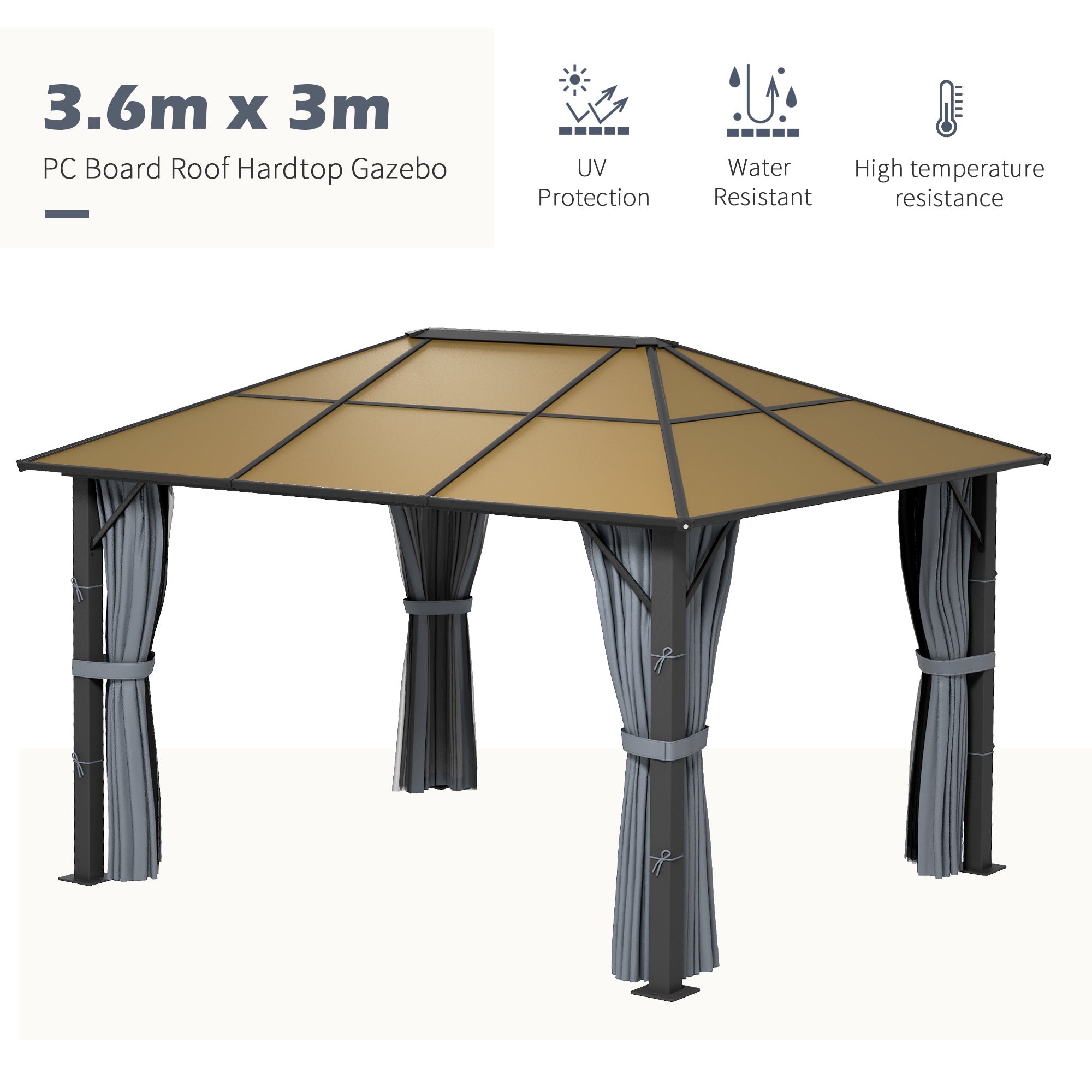 Outsunny 3 x 3.6m Garden Aluminium Gazebo Hardtop Roof Canopy Marquee Party Tent Patio with Mesh Curtains & Side Walls - Grey - North Peak Garden Furniture