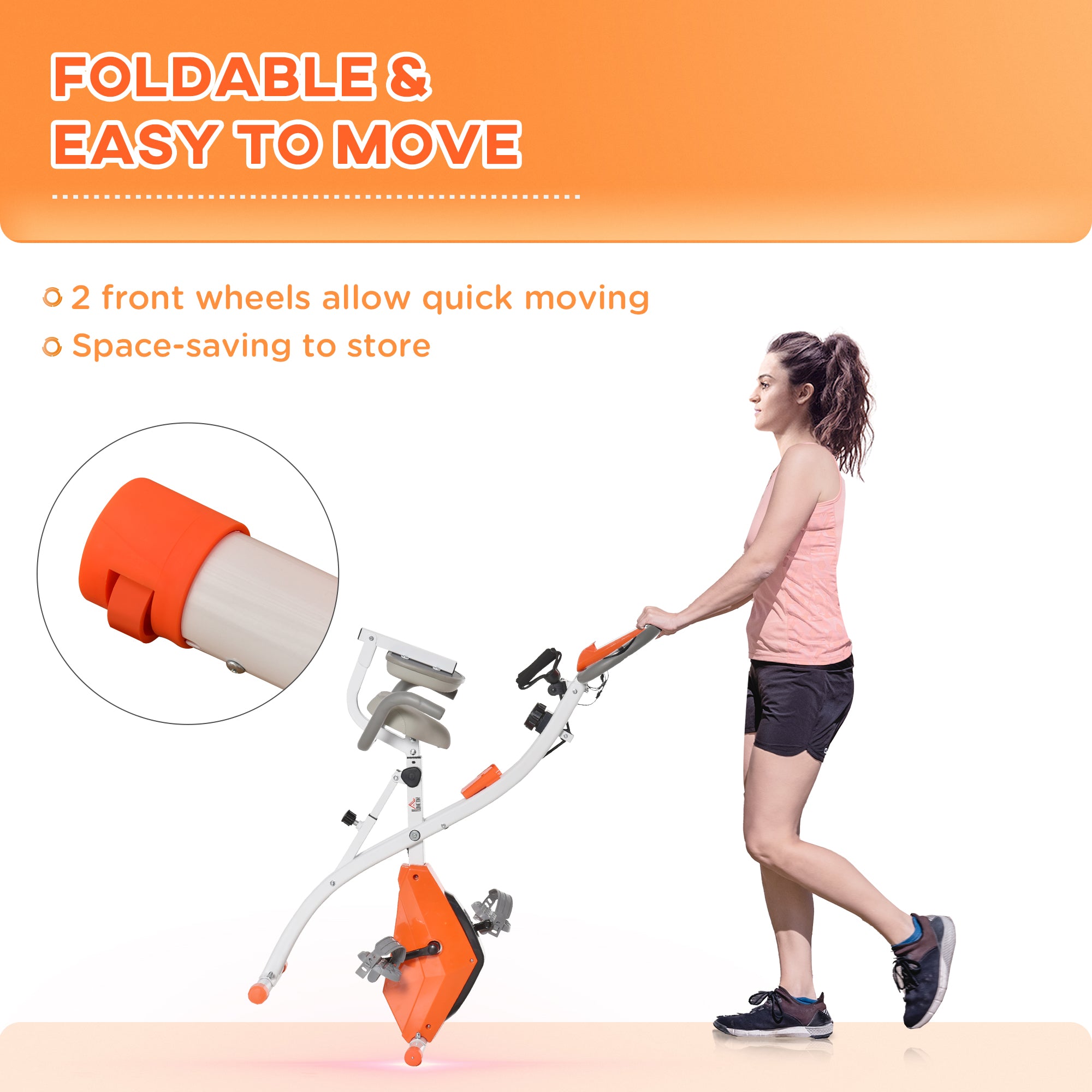HOMCOM 2-in-1 Folding Exercise Bike with 8-Level Magnetic Resistance, Arm Resistance Band, Pulse Sensor, Orange - North Peak Garden Furniture