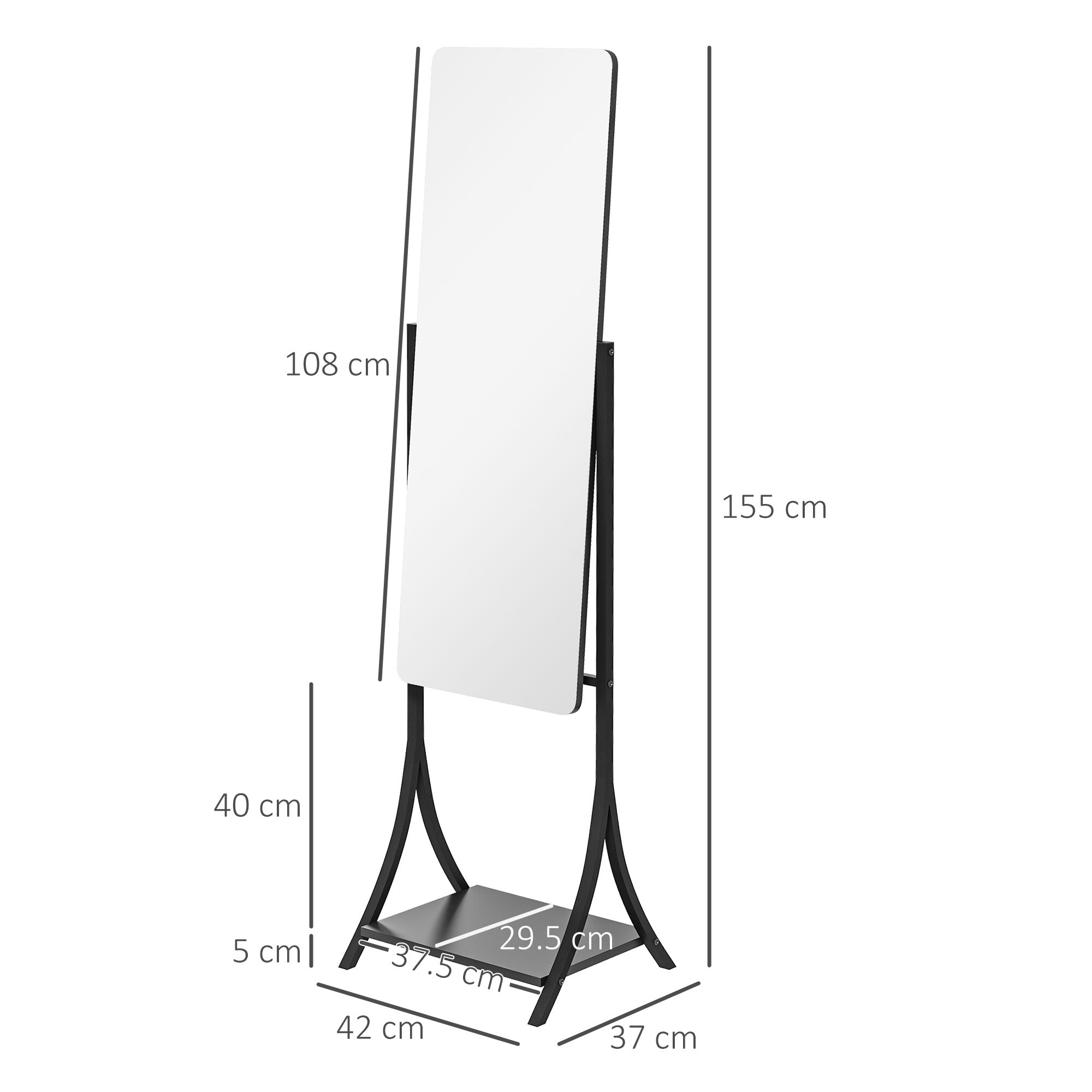 HOMCOM Free Standing Dressing Mirror, Full Length Mirror with Adjustable Angle, Storage Shelf for Living Room, Bedroom, Hallway - North Peak Garden Furniture