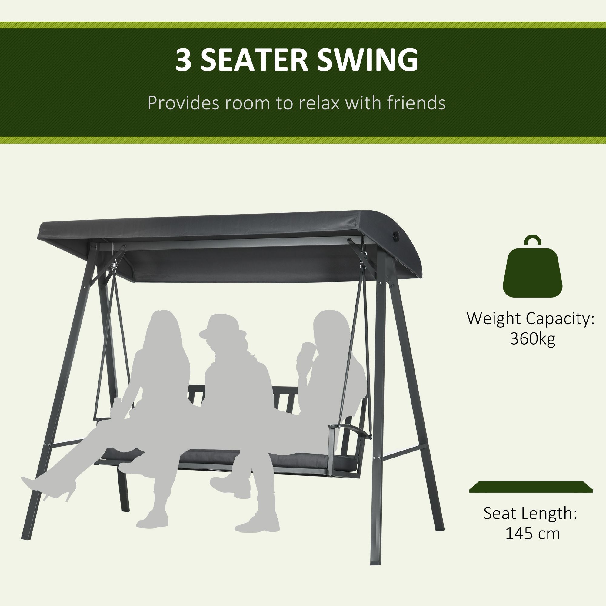 Outsunny 3-Seat Garden Swing Chair, Outdoor Canopy Swing with Removable Cushion, Adjustable Shade, and Slatted Bench, for Porch, Poolside, Backyard, Dark Grey