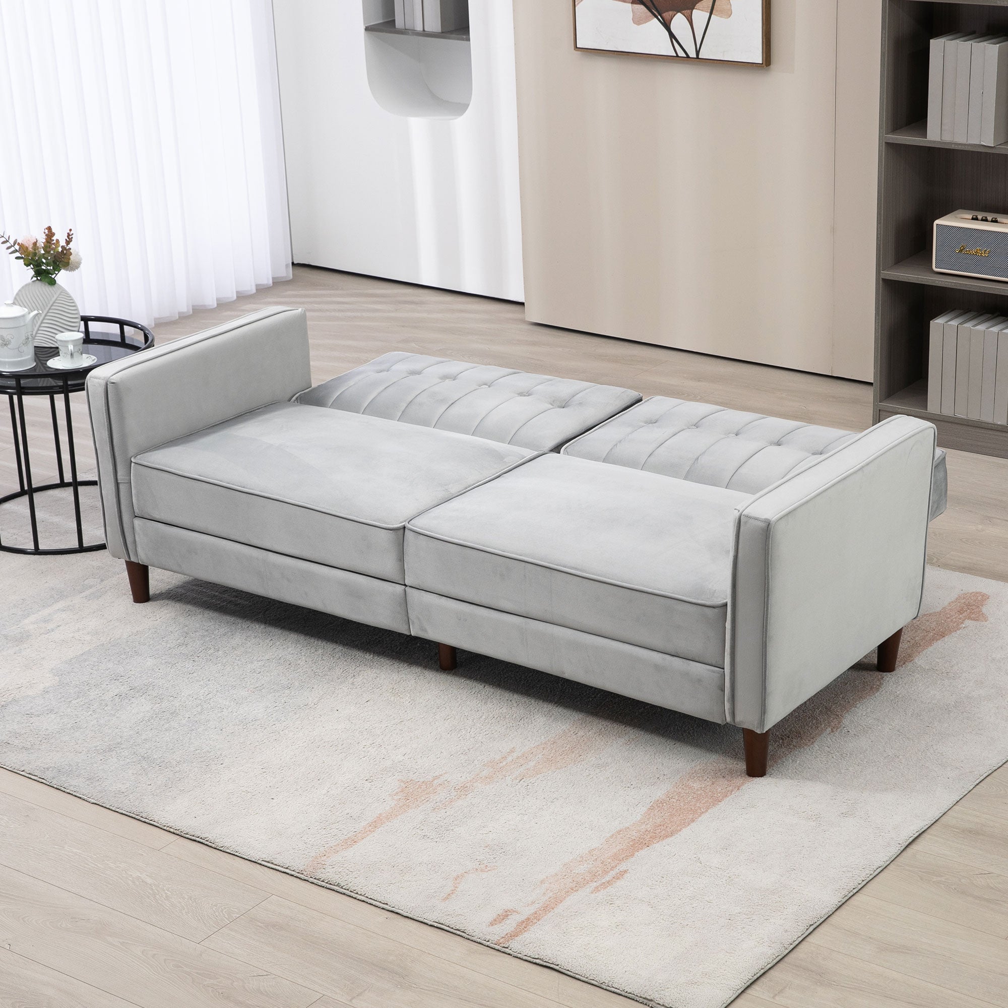 HOMCOM Modern Convertible Sofa Futon Velvet-Touch Tufted Couch Compact Loveseat with Adjustable Split Back, Light Grey - North Peak Garden Furniture