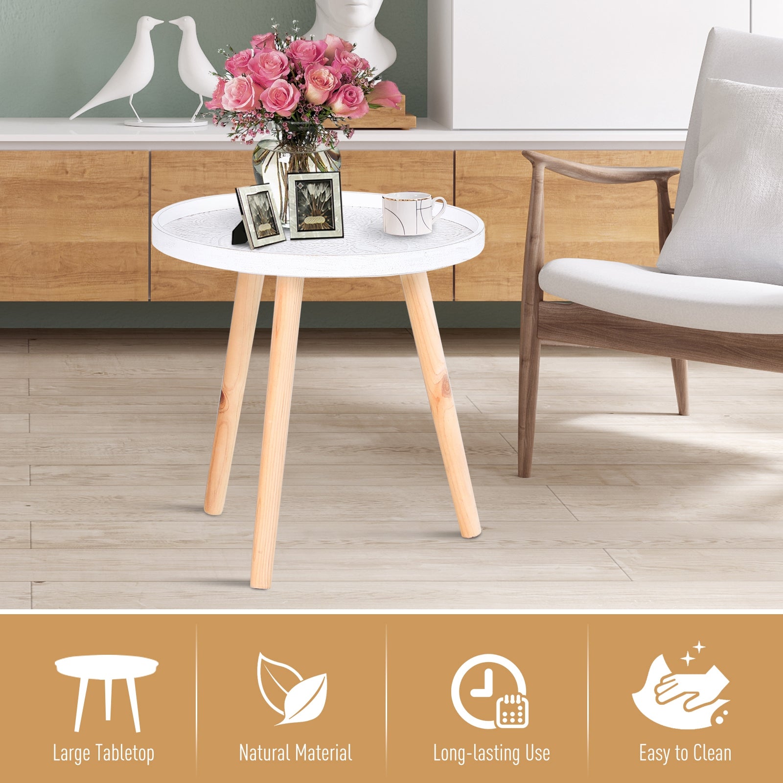 HOMCOM Coffee Table, Carved Floral Round Table with Tray-style Top and Wood Legs, Modern Side Table for Living Room, White - North Peak Garden Furniture