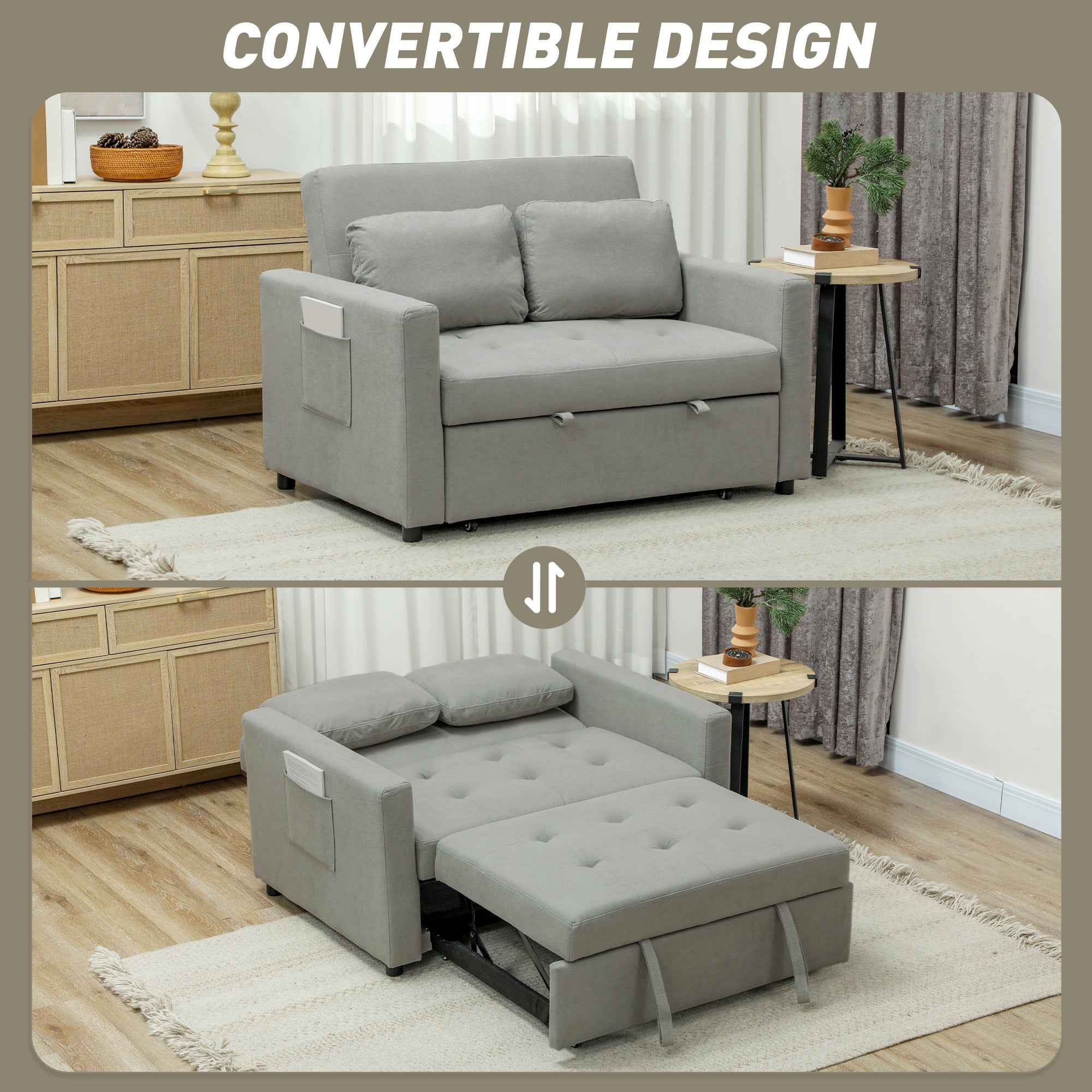 HOMCOM Velvet-Feel Two-Seater Sofa Bed - Light Grey - North Peak Garden Furniture