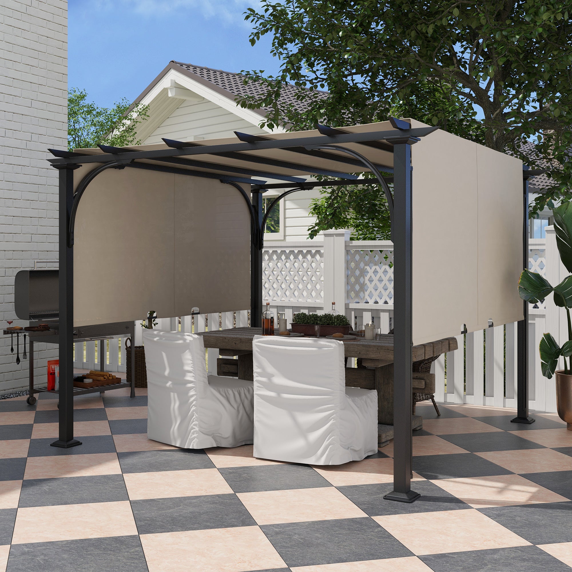 Outsunny 3 x 3(m) Outdoor Pergola, Garden Pergola Gazebo with Adjustable Canopy, Beige - North Peak Garden Furniture