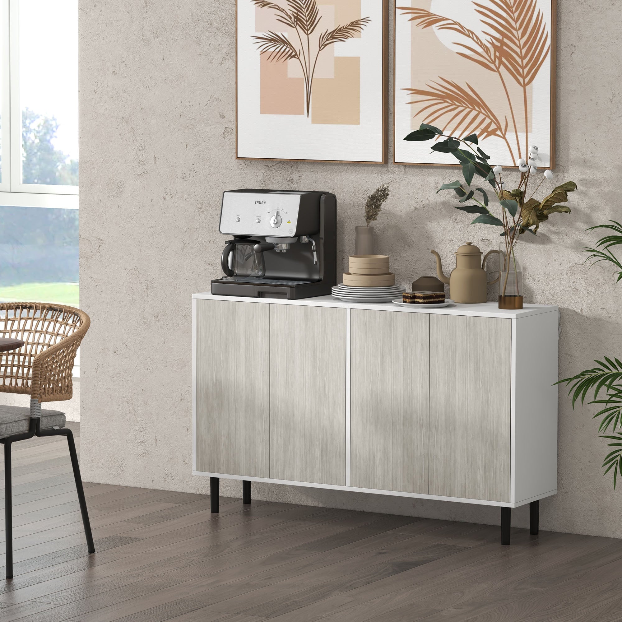 HOMCOM Kitchen Sideboard Storage Cabinet for Living Room with Adjustable Shelves 4 Doors and Pine Wood Legs White - North Peak Garden Furniture