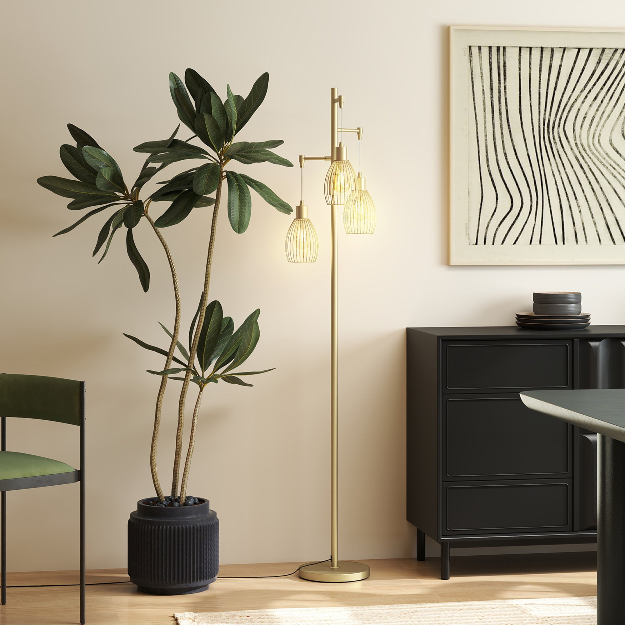 HOMCOM 170cm Industrial 3-Light Floor Lamp, Dimmable Standing Lamp with Steel Lampshades for Living Room, Bedroom, Dinging Room, Study, Gold Tone