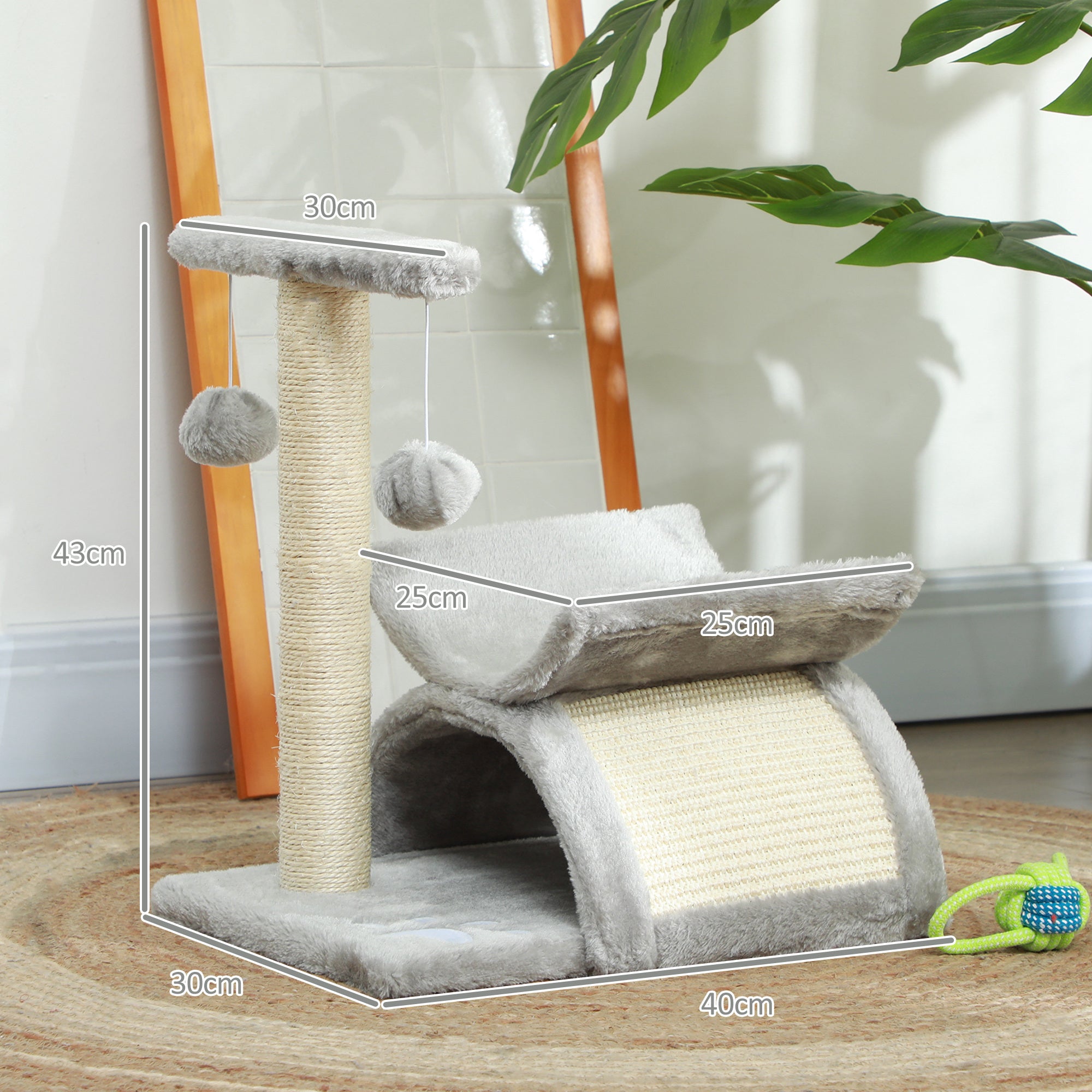 PawHut Cat Tree, Cat Tower for Kittens, Small Cat Condo with Rotatable Top Bar, Sisal Scratching Post, Tunnel, Dangling Balls - Grey - North Peak Garden Furniture