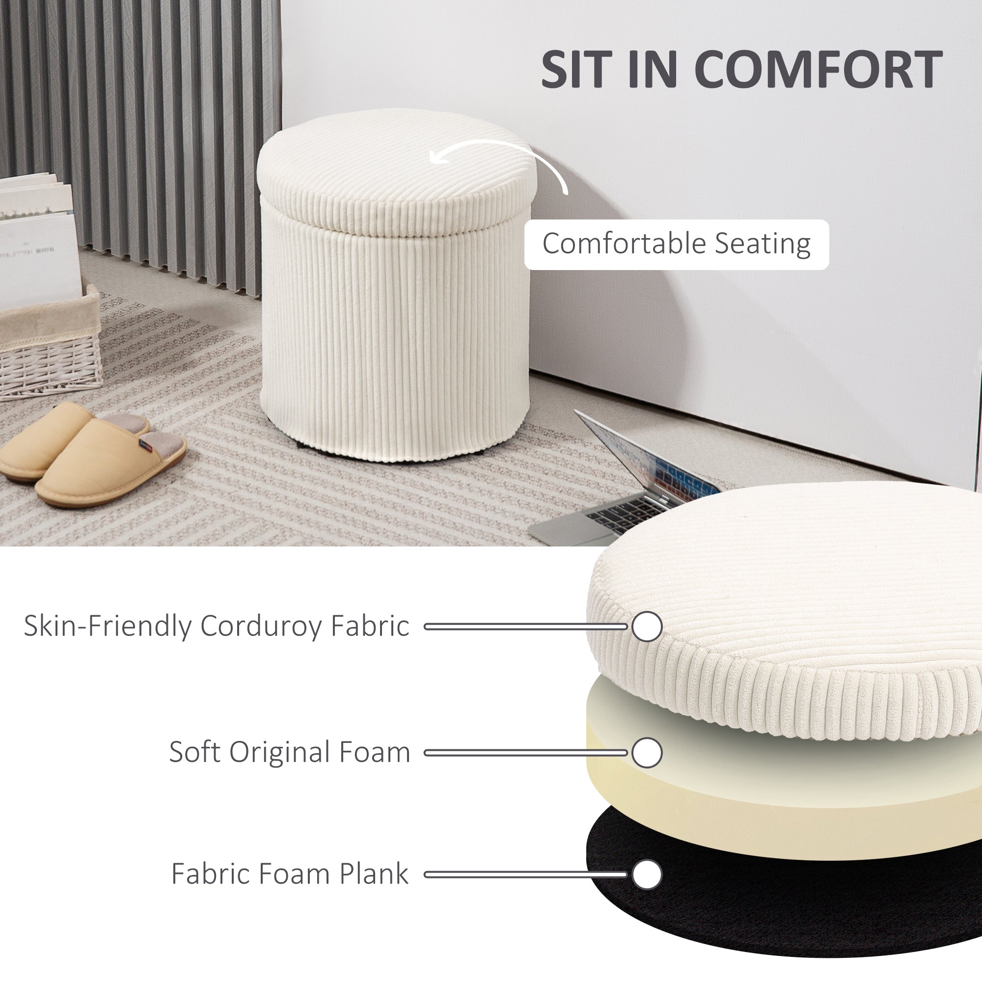 HOMCOM 40cm Round Storage Ottoman, Corduroy Footstool with Removable Lid and Legs, Vanity Stool for Living Room, Bedroom, Beige - North Peak Garden Furniture
