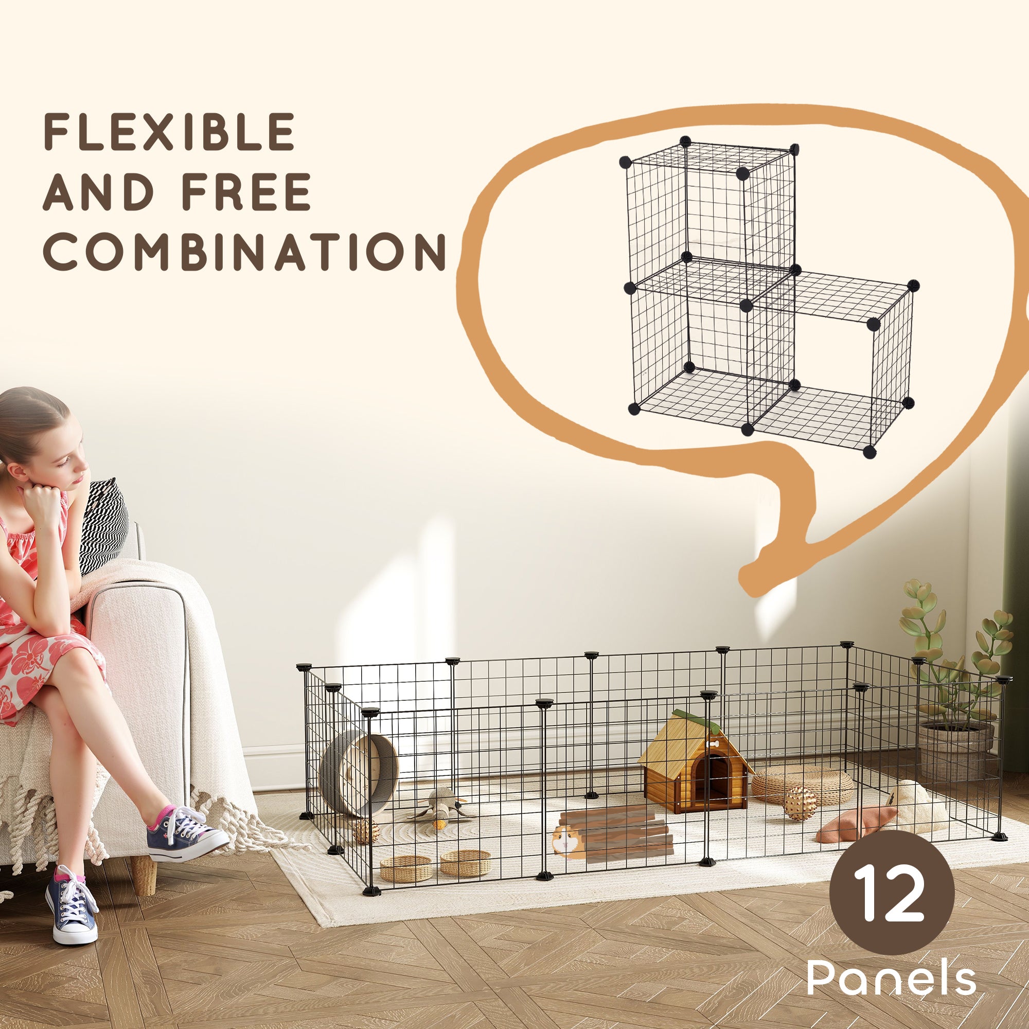 PawHut DIY Pet Playpen Metal Wire Fence 12 Panel Enclosure Indoor Outdoor Guinea Pig Rabbit Small Animals Cage Black