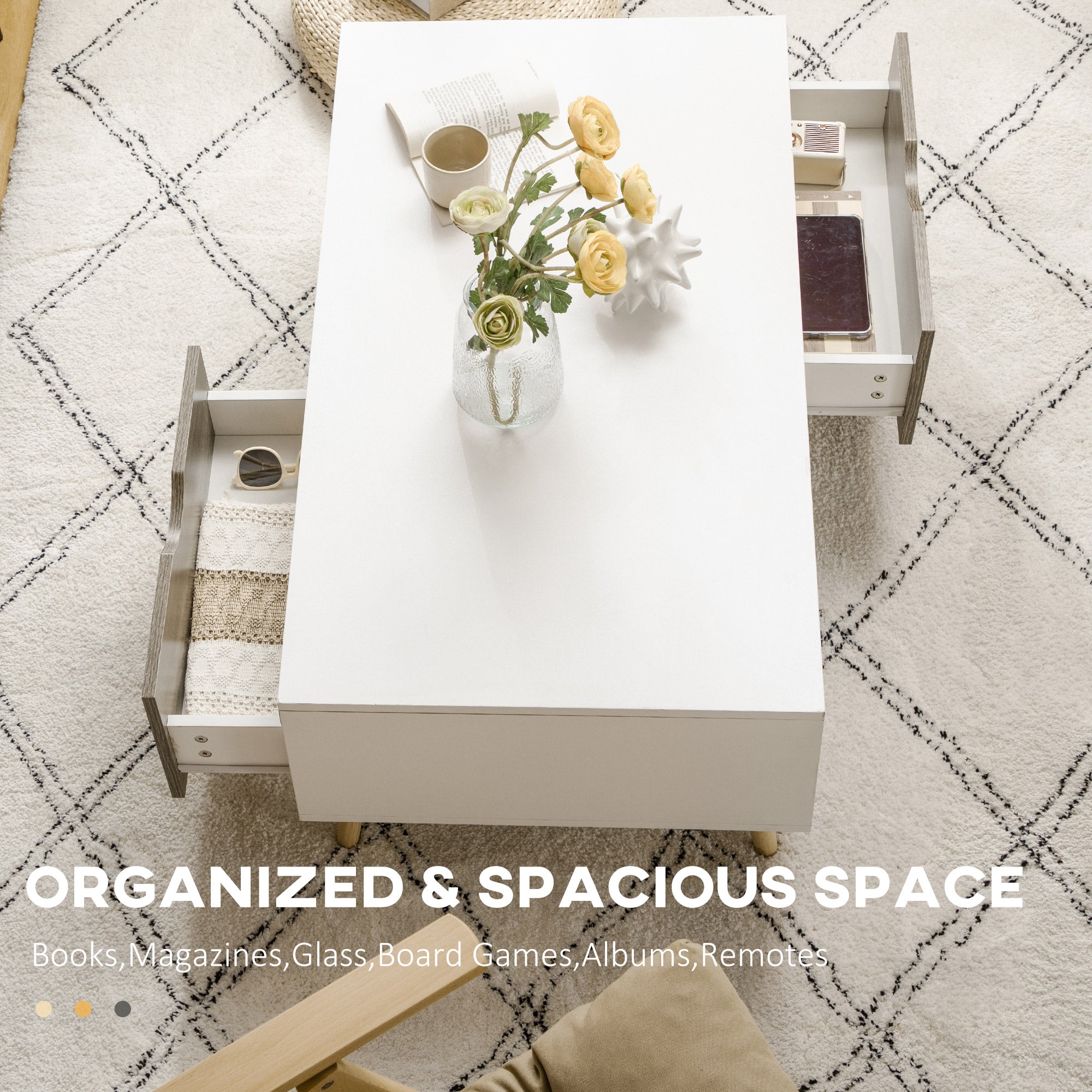 HOMCOM Coffee Table, Modern Tea Table with Open Storage Shelves, Two Drawers and Solid Wood Legs, Coffee Tables for Living Room, Bed Room, White - North Peak Garden Furniture