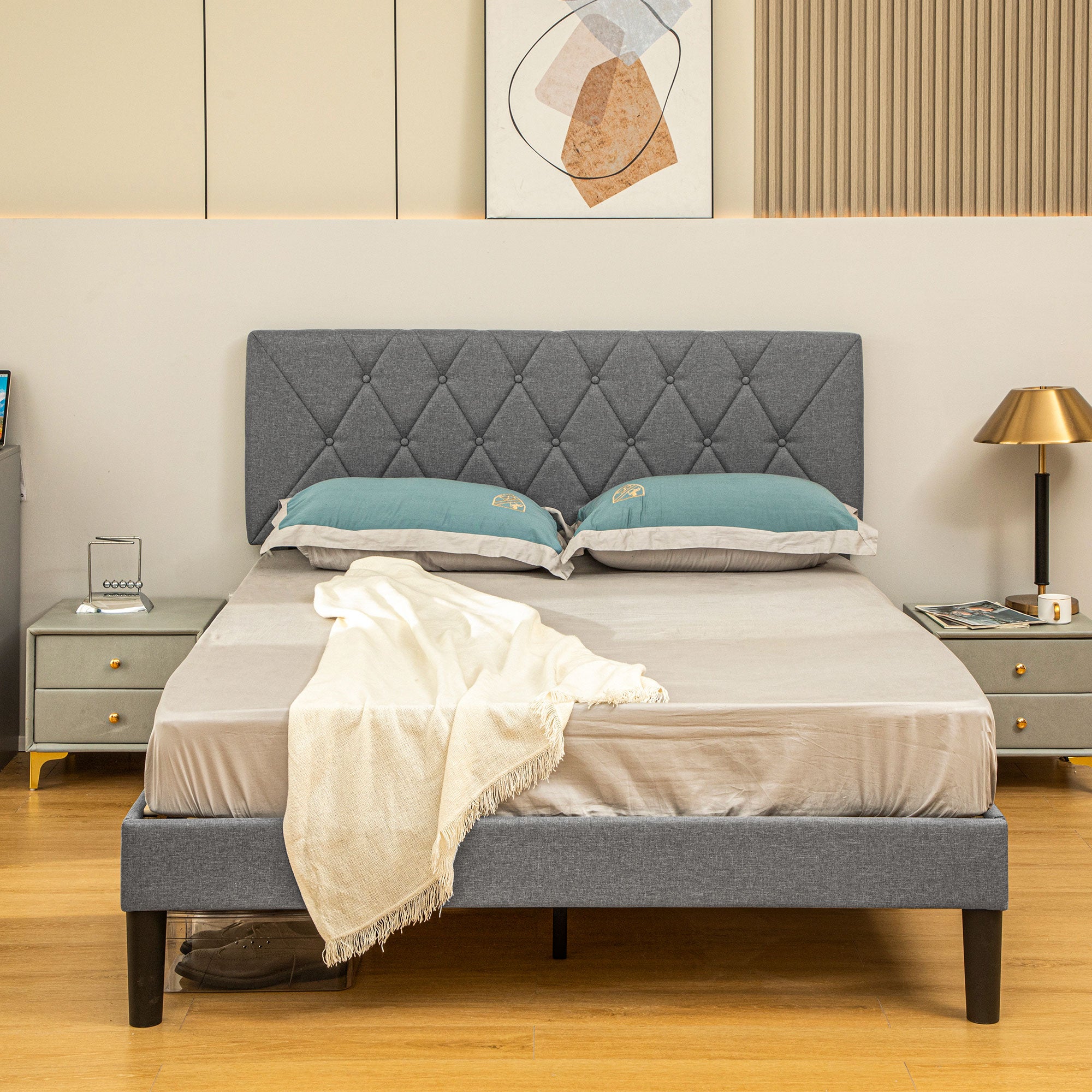 HOMCOM King Size Padded Fabric Headboard Bed Frame - Grey - North Peak Garden Furniture
