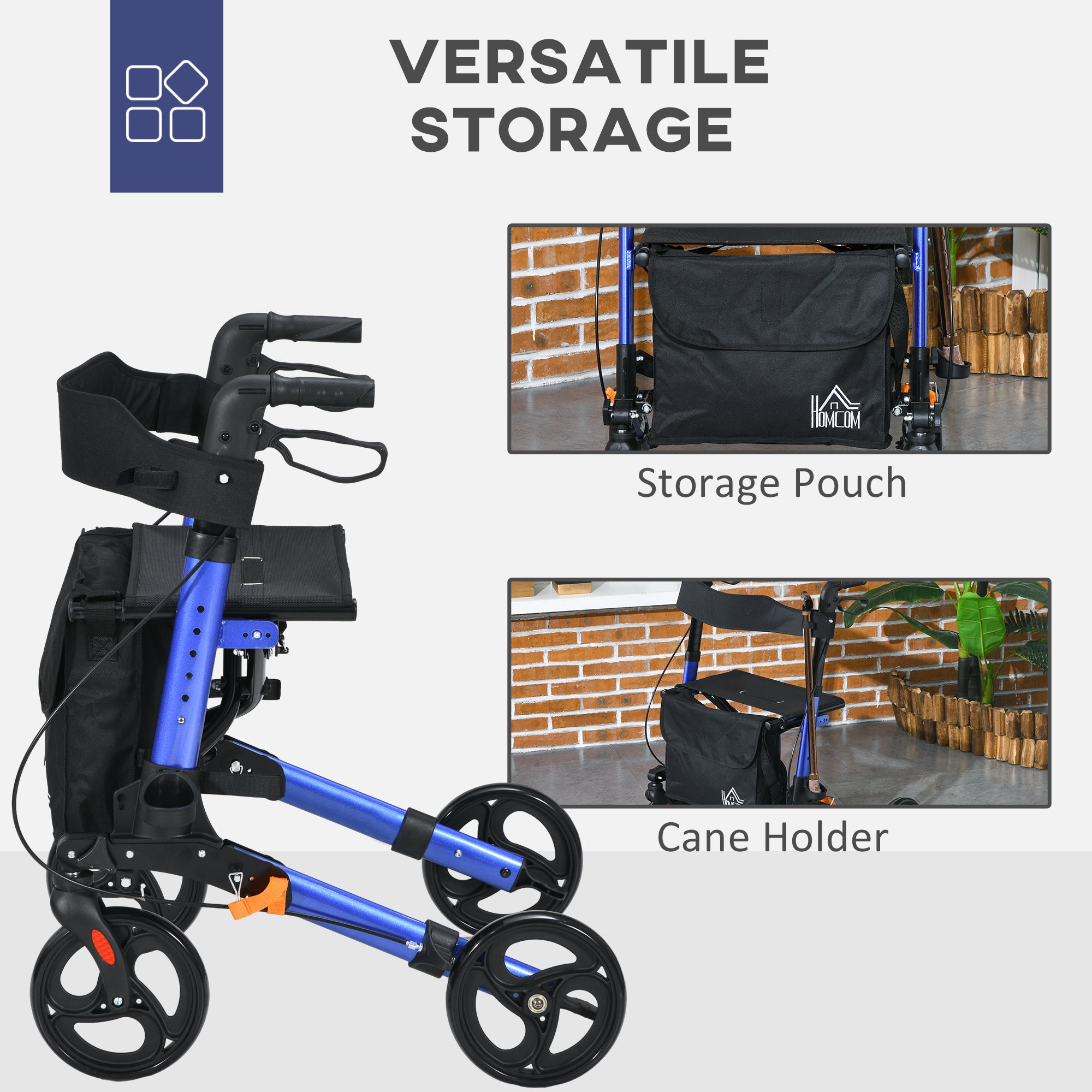 HOMCOM 4 Wheel Rollator with Seat and Back, Folding Mobility Walker with Carry Bag, Adjustable Height, Dual Brakes, Cane Holder, Lightweight Aluminium Walking Frame for Seniors and Disabled, Blue - North Peak Garden Furniture