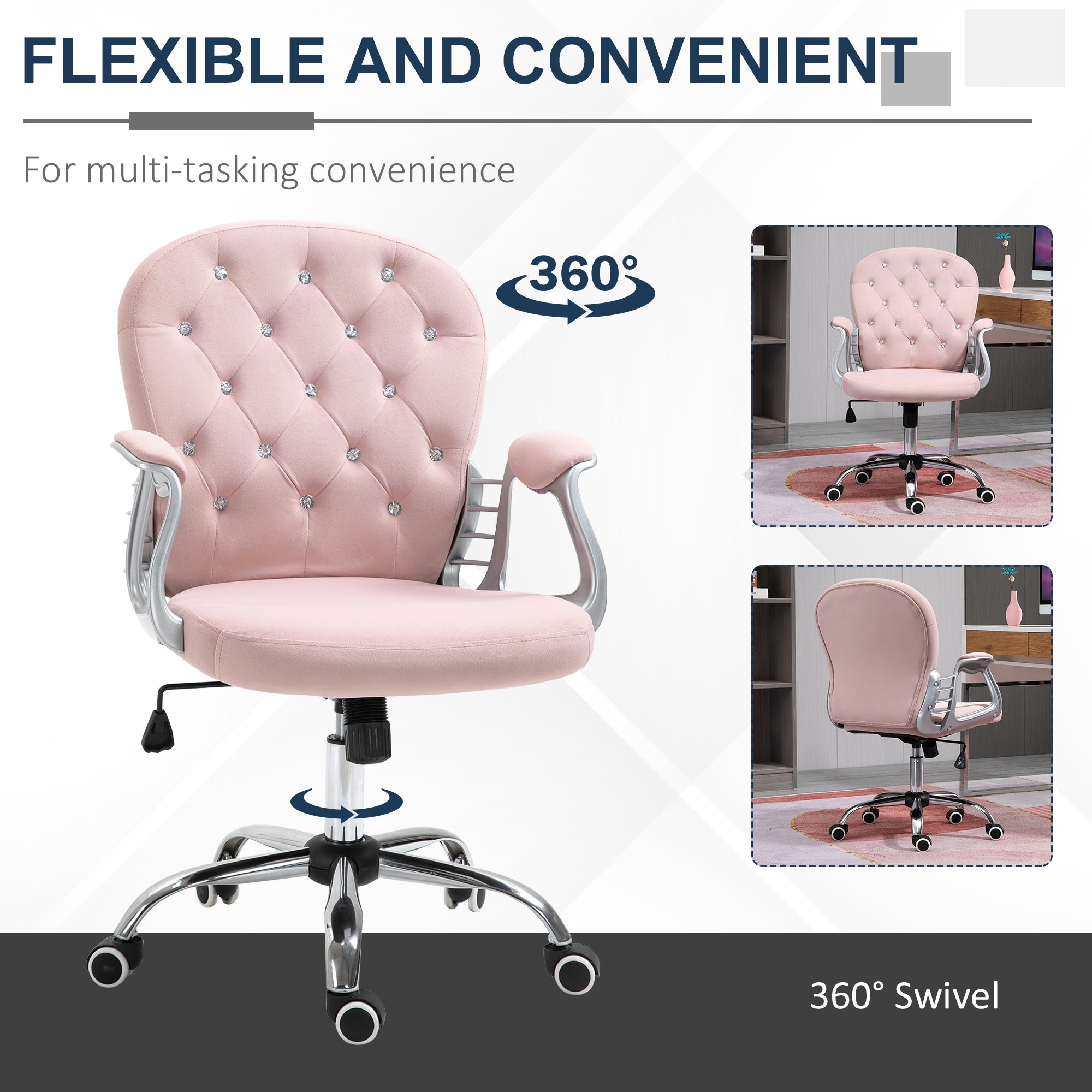Vinsetto Office Chair, Swivel Desk Chair, Velvet Vanity Chair with Adjustable Height and Rolling Wheels for Home Work Study, Pink - North Peak Garden Furniture