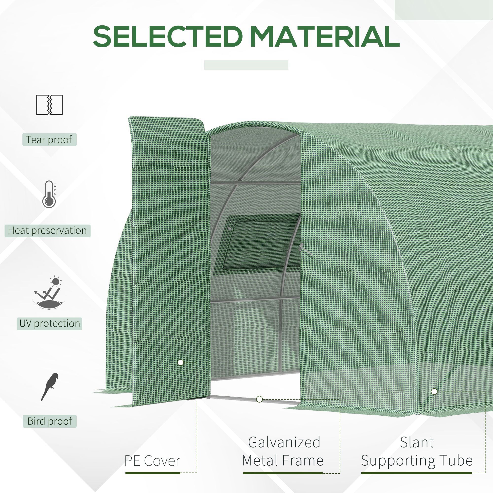 Outsunny 4 x 3 x 2 m Walk-In Greenhouse Reinforced Polytunnel Greenhouse with Metal Hinged Door, Steel Frame and Mesh Windows, Green