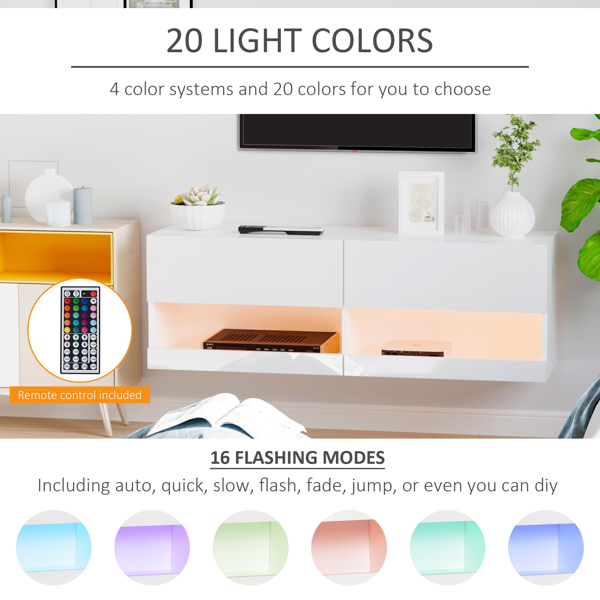 HOMCOM High Gloss TV Stand Cabinet with LED Lights, Wall Mount Media Unit for TVs up to 42 Inch for Living Room Bedroom - North Peak Garden Furniture