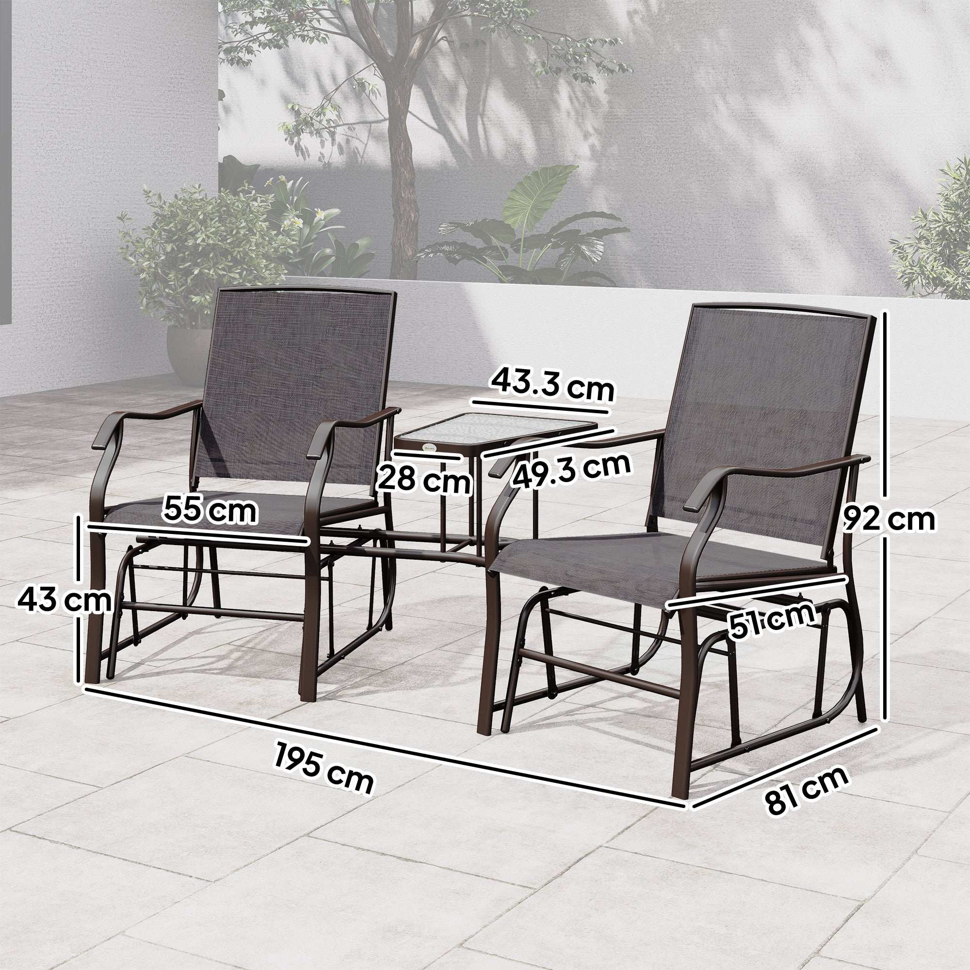 Outsunny Gliding Jack and Jill Seat, with Glass-Top Table - Brown/Grey