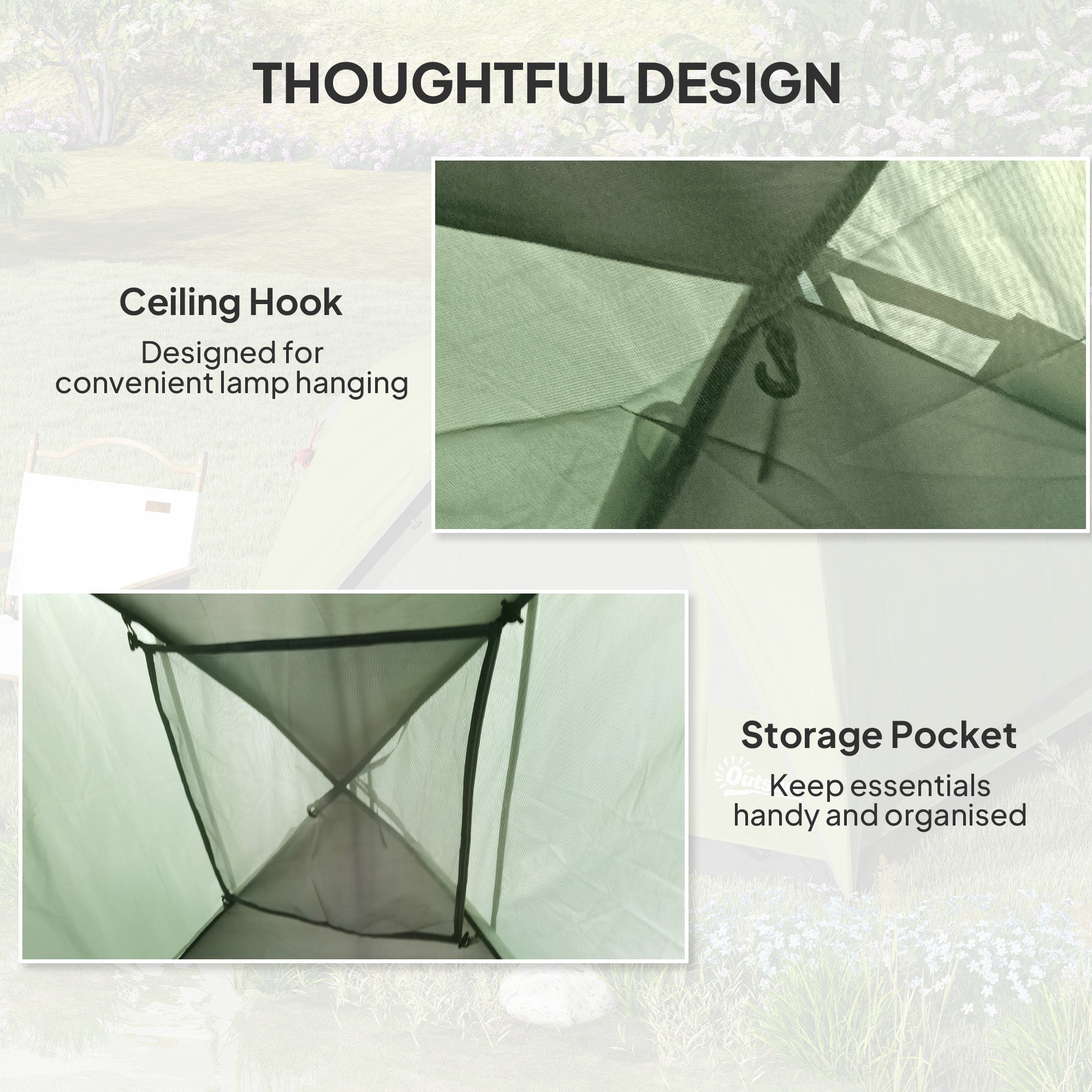 Outsunny 3-4 Person Camping Tent, Easy Set Up Waterproof Dome Tent with Sewn-in Groundsheet, Mesh Windows, Pocket and Hook for Camping, Hiking, Backpacking, Olive Green and Grey - North Peak Garden Furniture