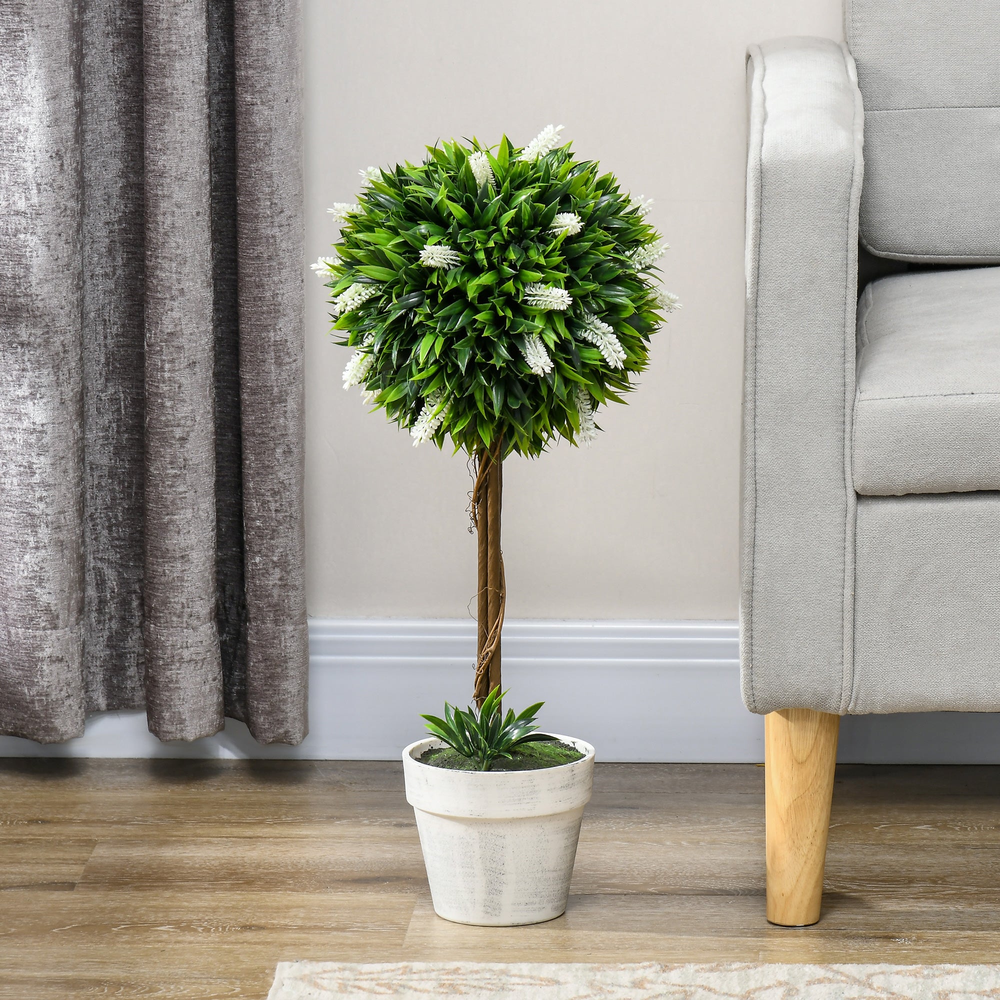 HOMCOM Set of 2 Decorative Artificial Plants Ball Trees with Flower for Home Indoor Outdoor Decor, 60cm ,White - North Peak Garden Furniture
