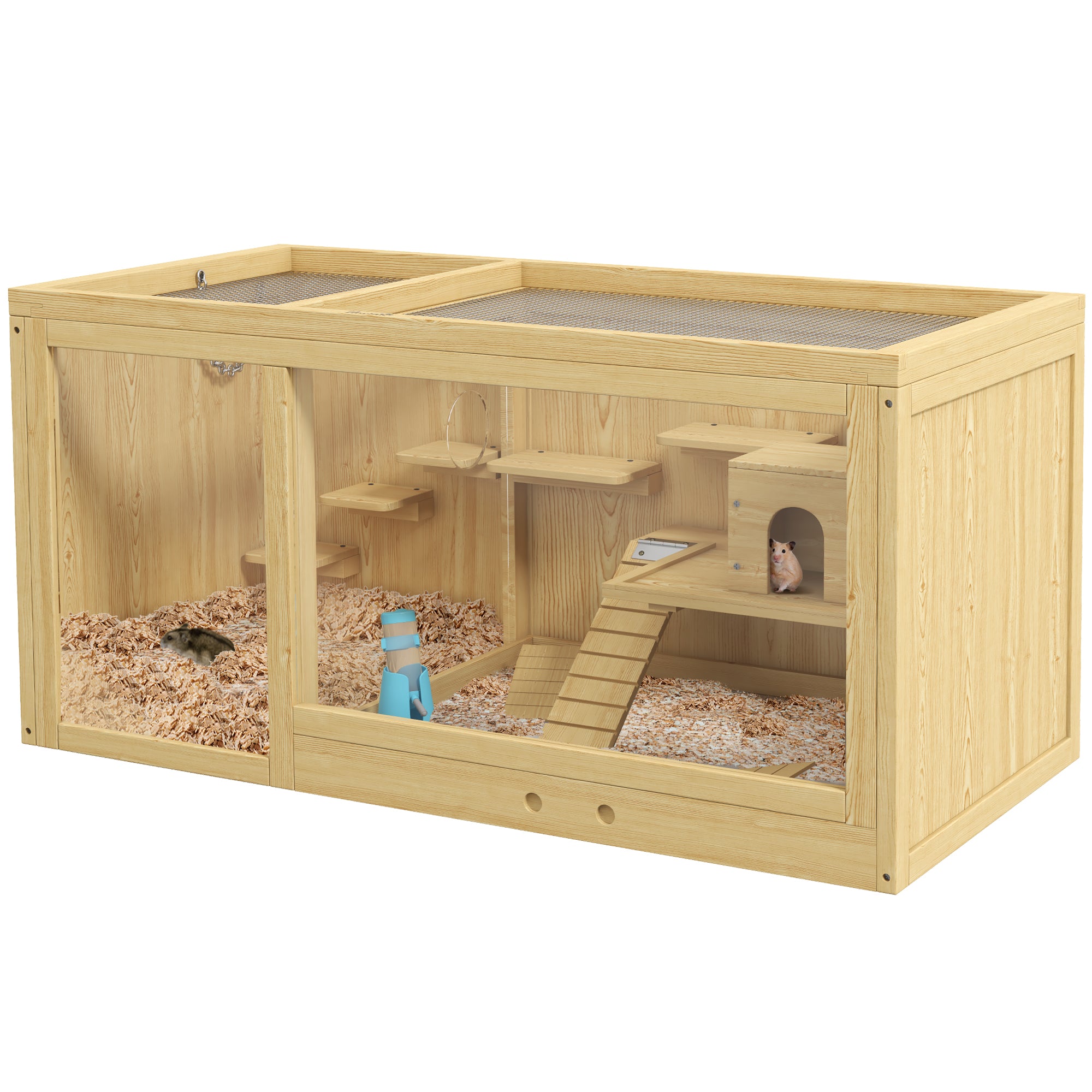 PawHut Wooden Hamster Cage with Water Bottle, Platforms, Openable Roof, Sliding Tray, Hut, Seesaws, Natural Wood Finish - North Peak Garden Furniture
