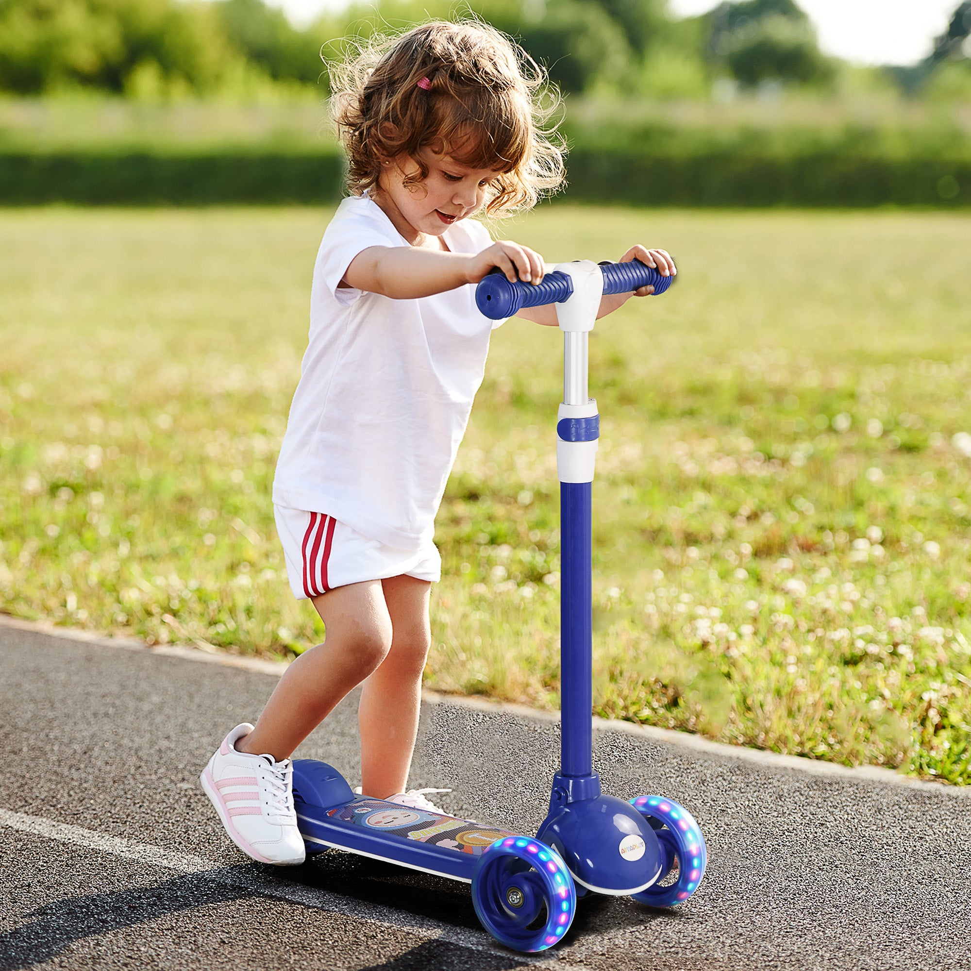 AIYAPLAY Kids 3 Wheel Scooter for 2-6 Years Old w/ Adjustable Height, LED Light, TPE Handlebar, Blue