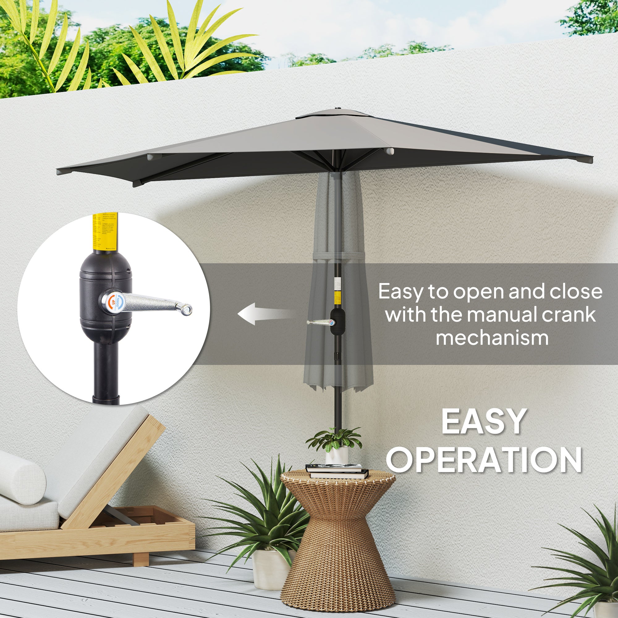 Outsunny 3(m) Half Parasol, Semi Round Umbrella with Metal Frame, Crank Handle for Balcony, Garden, Dark Grey - North Peak Garden Furniture