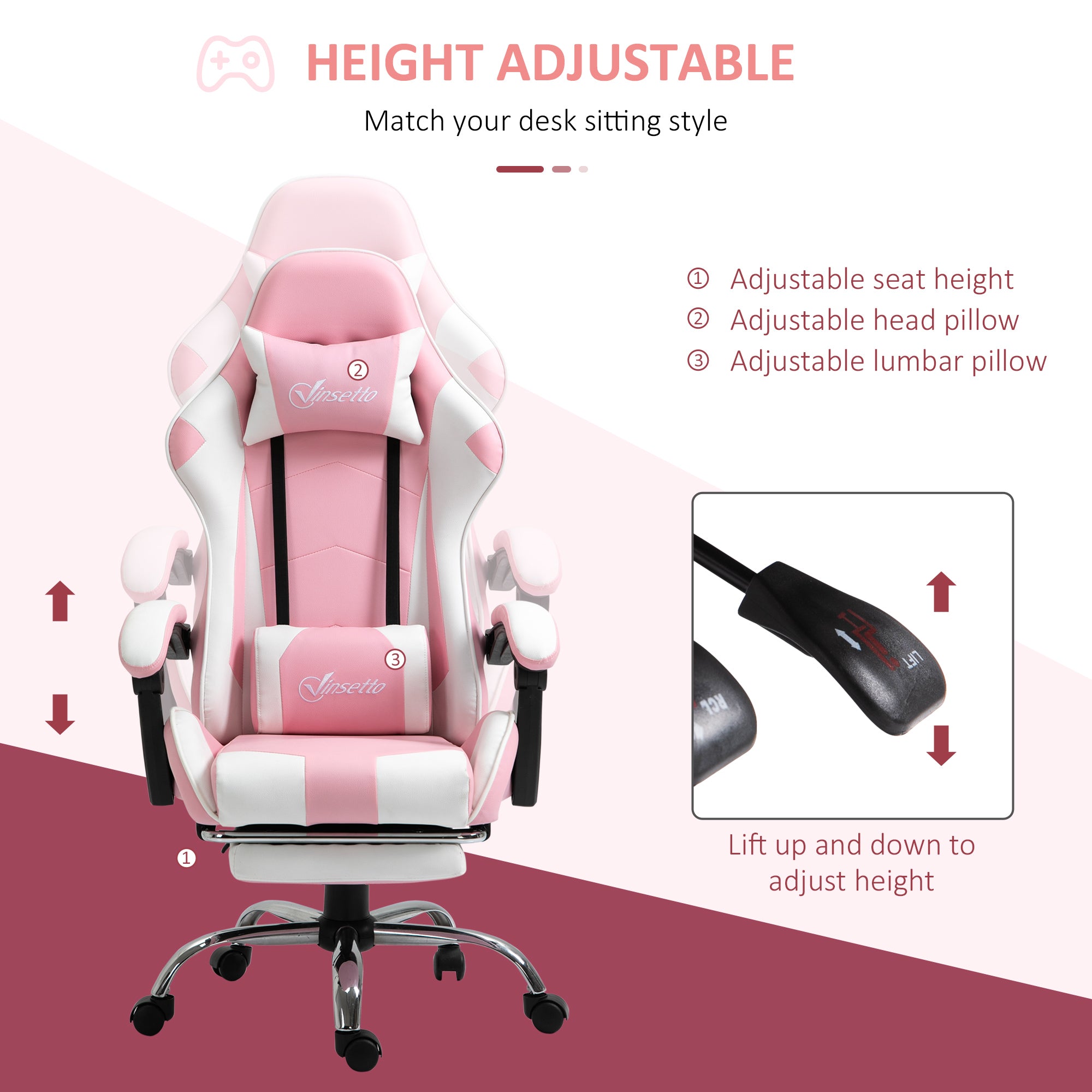 Vinsetto Pink Computer Gaming Chair, Desk Chair with 135° Reclining Back and Retractable Footrest, Adjustable PU Leather Lumbar Support and Headrest, Steel Base for Adults, Girls - North Peak Garden Furniture