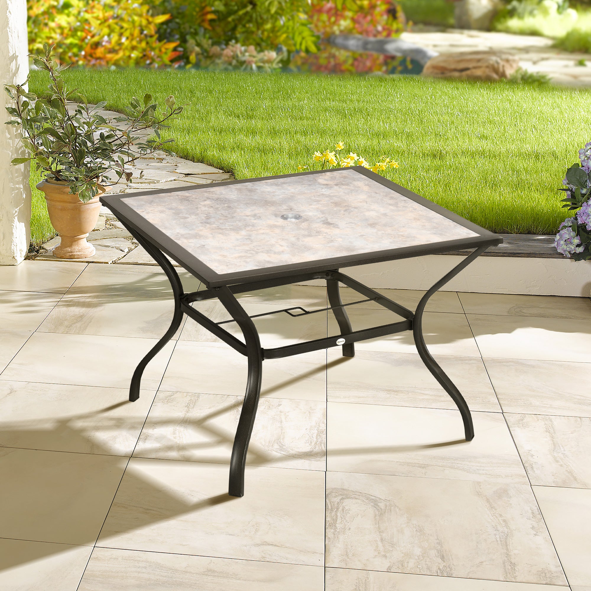 Outsunny 94 x 94 cm Garden Table with Parasol Hole, Outdoor Dining Table for 4, Square Patio Table with Stone-Grain Effect PC Board Top for Patio, Garden, Grey - North Peak Garden Furniture