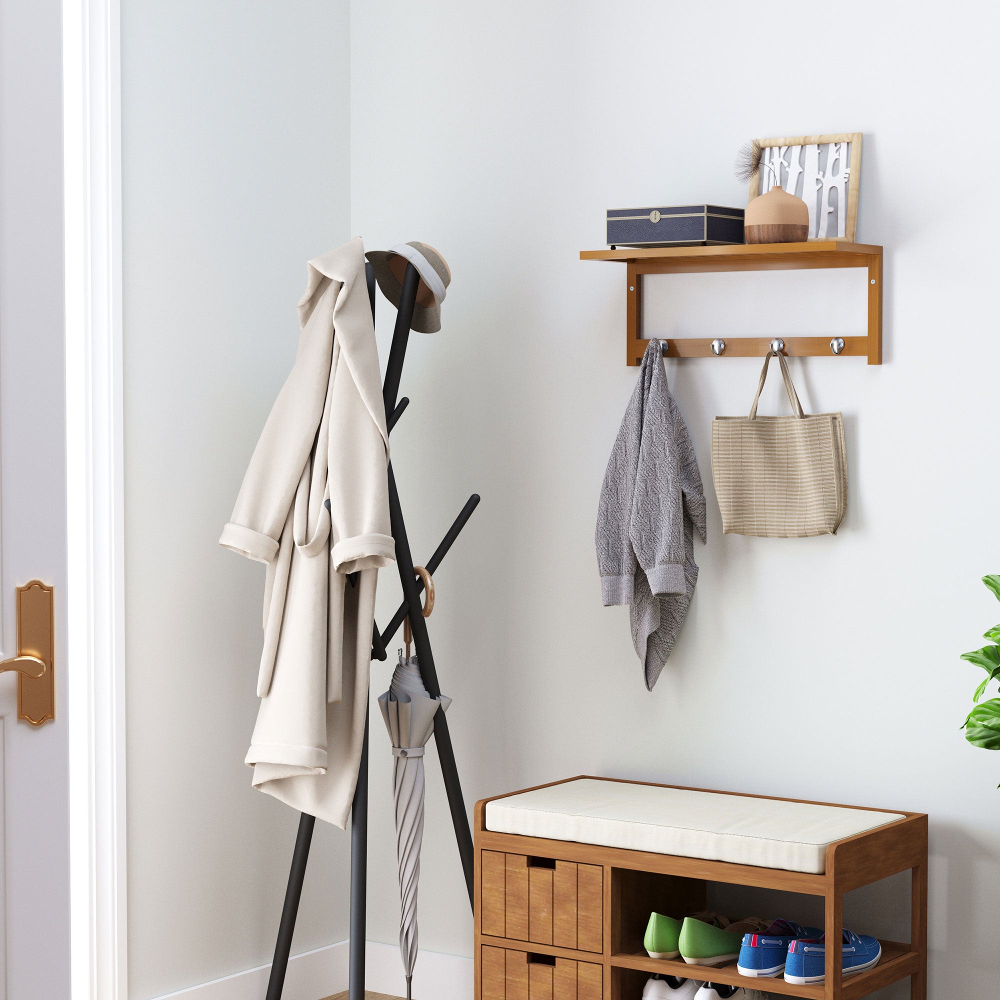 HOMCOM Wall Mounted Coat Clothes Hat Hanger 4 Hooks Rack Stand with Rail & Storage Shelf for Hallway Entryway Bedroom Bathroom - North Peak Garden Furniture