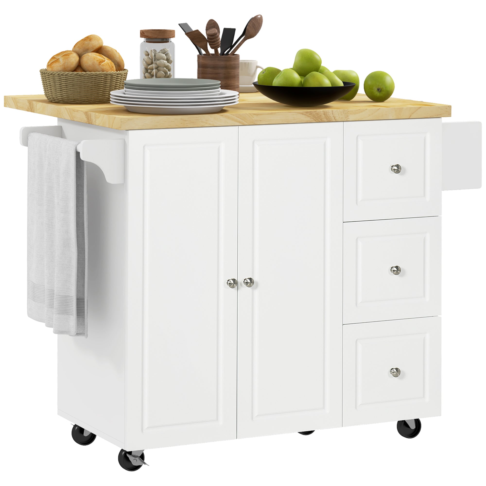 HOMCOM Drop-Leaf Kitchen Island on Wheels Utility Storage Cart with Drawers & Cabinet for Kitchen, Dining & Living Room - North Peak Garden Furniture