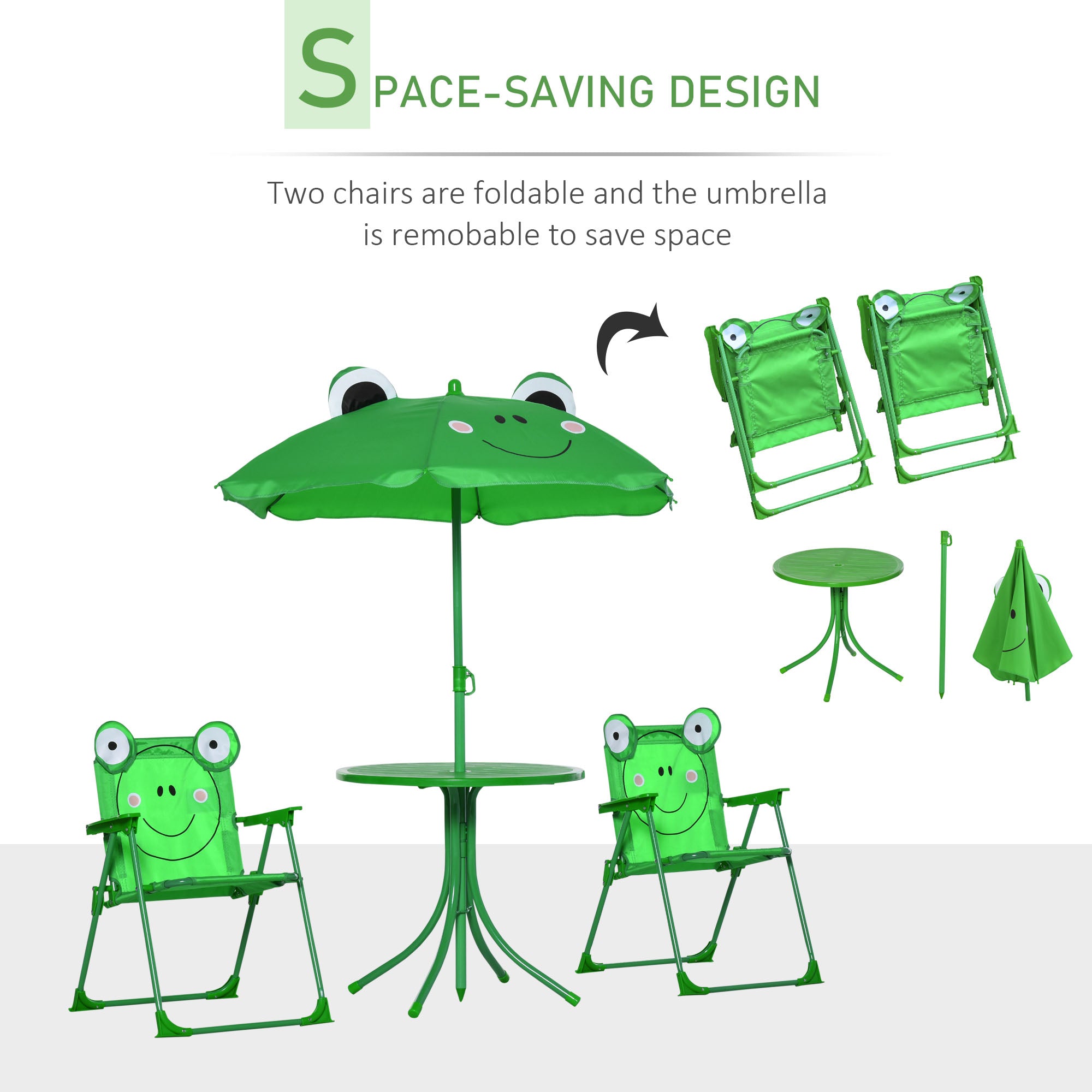 Outsunny Kids Outdoor Table and Chairs Garden Furniture Frog Pattern with Removable & Height Adjustable Sun Umbrella, Green