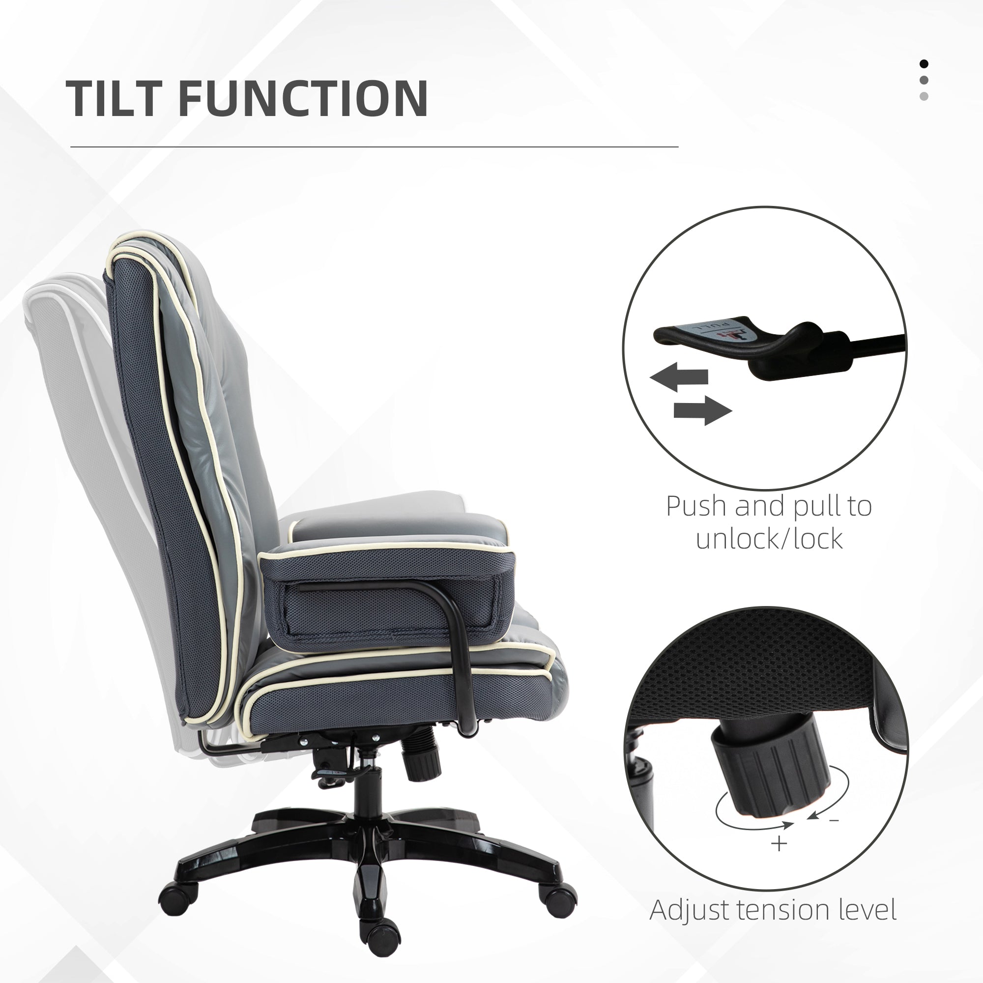 Vinsetto High Back Office Chair, PU Leather Desk Chair, Reclining Swivel Computer Chair for Home, Grey - North Peak Garden Furniture