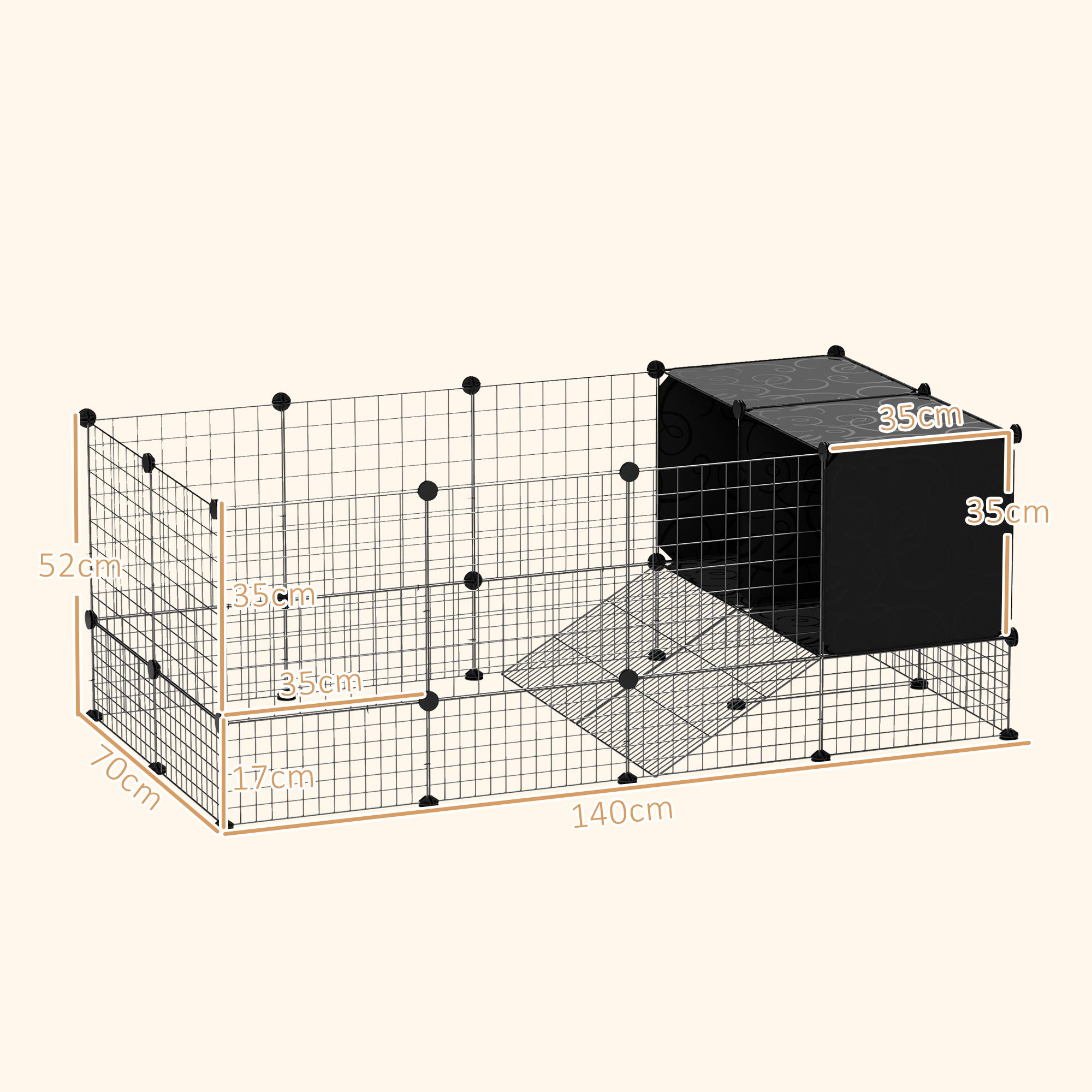 PawHut DIY Small Animal Cage with Elevated Huts, C&C Cage for Guinea Pigs, Hedgehogs, Rabbits, 31 Panels, Black