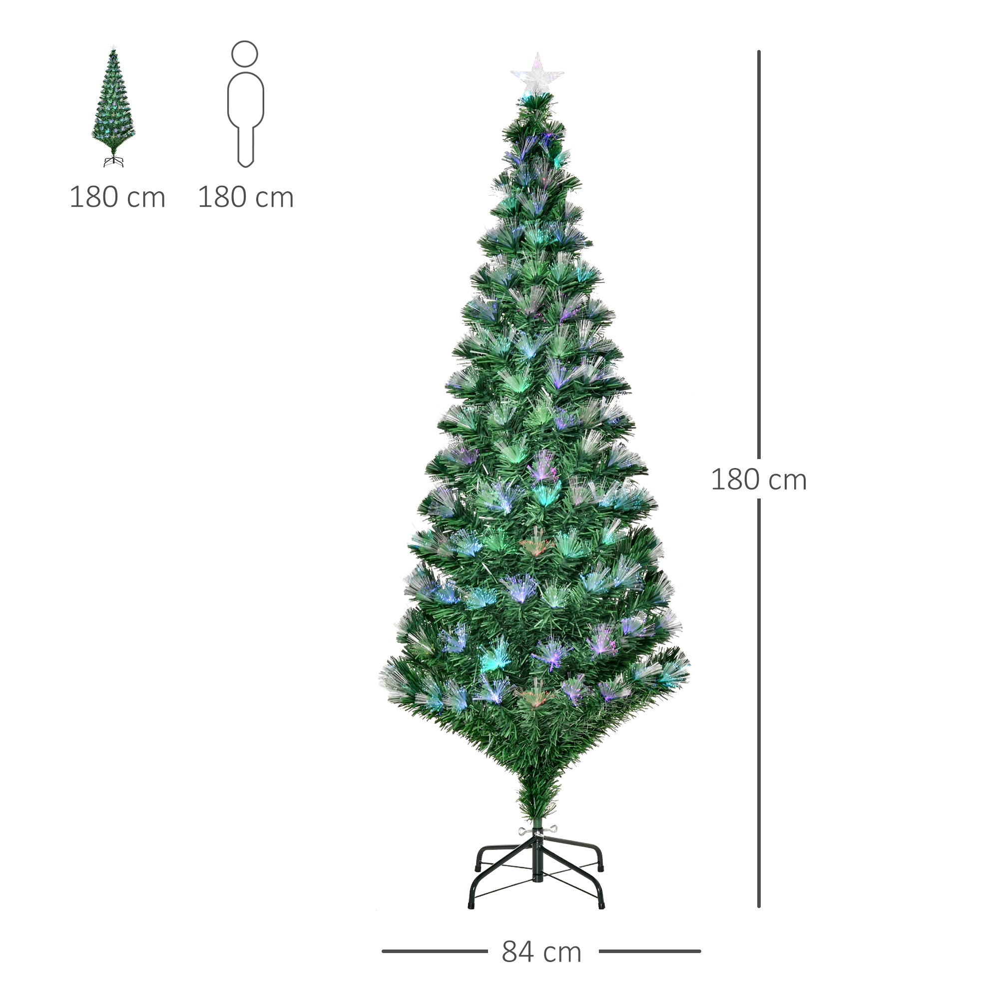 HOMCOM 6FT Multicoloured Artificial Christmas Tree w/ Fibre Optic Lights Pre-Lit Modes Metal Stand Star Holder Home Seasonal Decoration - North Peak Garden Furniture