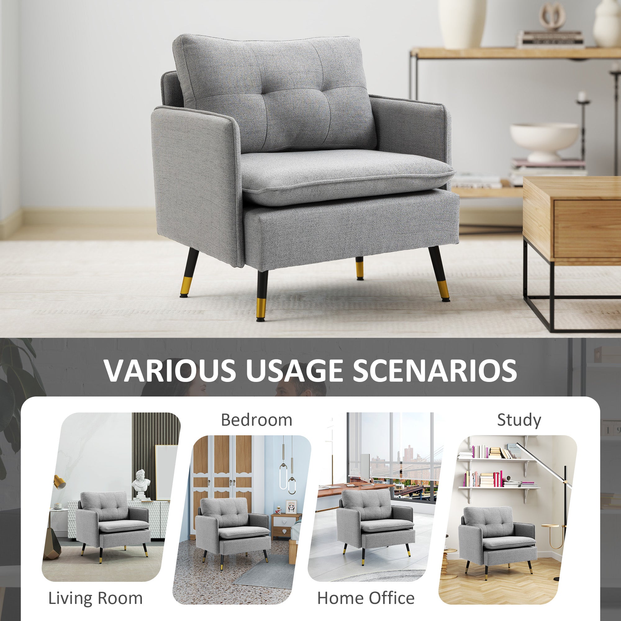HOMCOM Modern Accent Chair, Upholstered Button Tufted Occasional Chair for Living Room and Bedroom, Grey - North Peak Garden Furniture