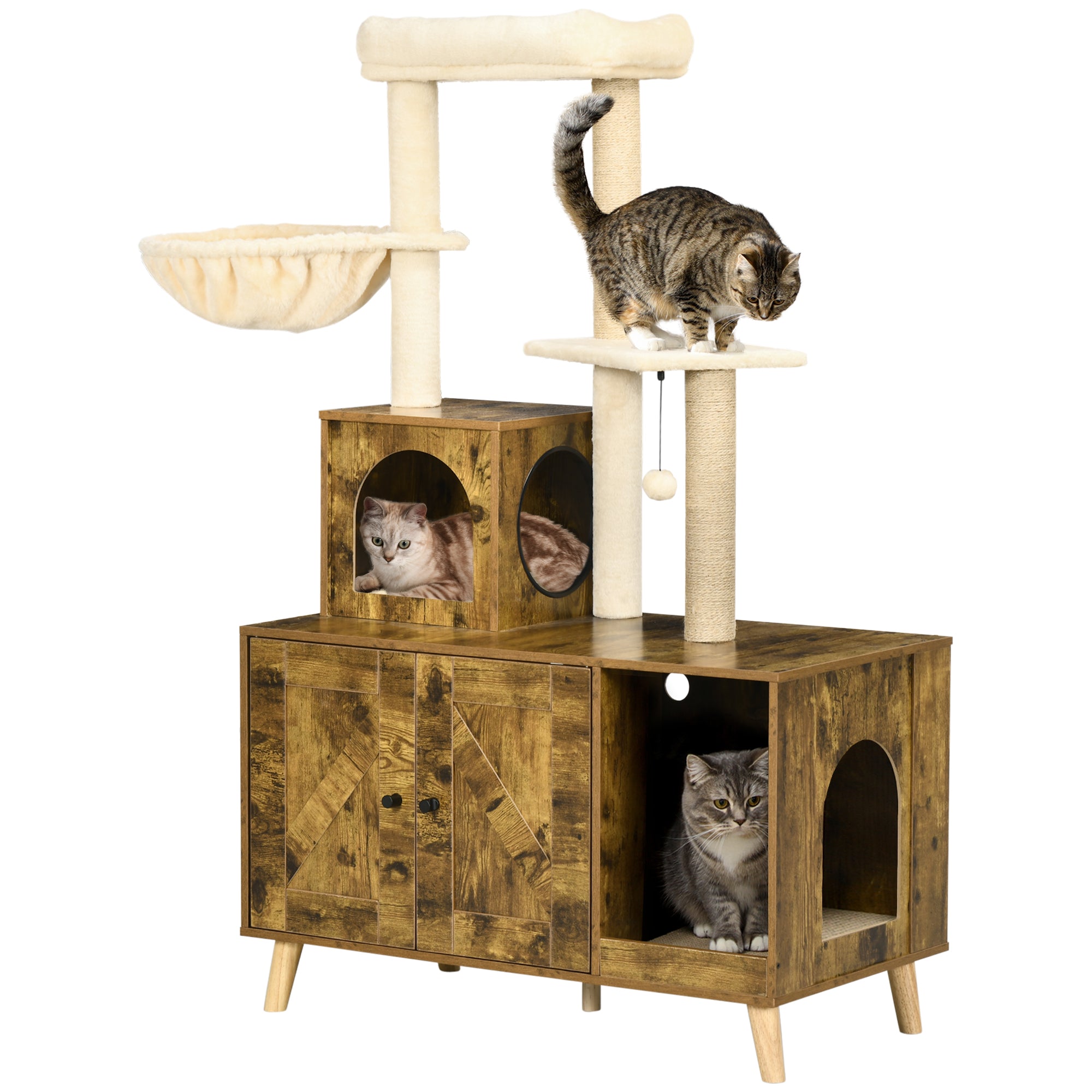 PawHut Cat Litter Box Enclosure, with Tree Tower, Cat House, Hammock, Cushion - Rustic Brown